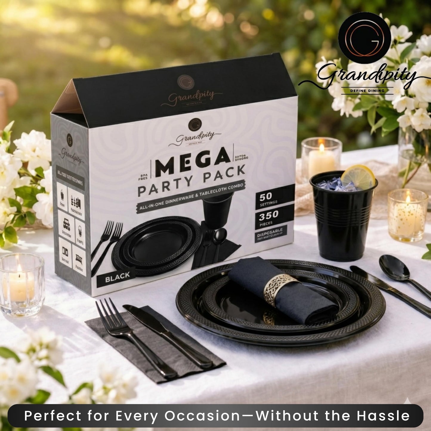 Grandipity 350 Piece Black Dinnerware Set, 50 Guests Plastic Party Plates, Cups, Napkins, Forks, Knives & Spoons