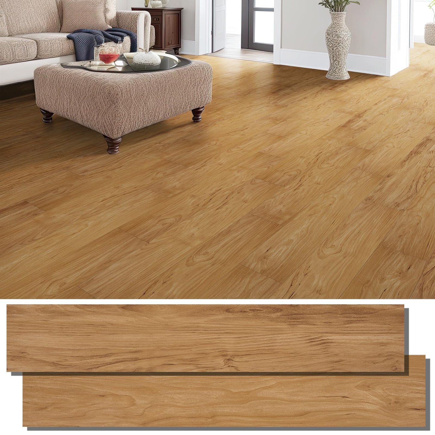 INMOZATA Peel and Stick Floor Tile Vinyl Flooring, Waterproof Vinyl Plank Flooring 36-Pack 54 Sq.Ft Wood Grain Self Adhesive Peel and Stick Flooring for Bedroom, Living Room, Kitchen, RV(Burlywood)