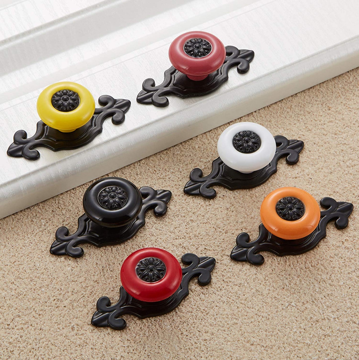 HUAMULAN 10 Pack Retro Ceramic Knobs,Vintage Dresser Kitchen Petal Cabinet Pulls Zinc Alloy Base Back Plate Cupboard Wardrobe Drawer Door Handles,Black Base