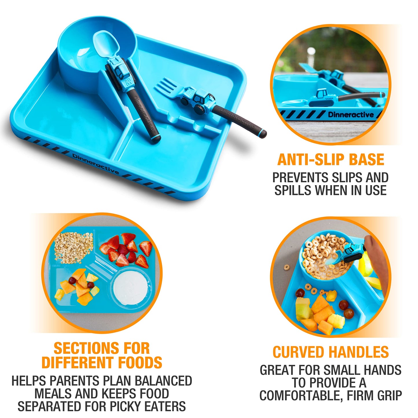 Dinneractive 3-Piece Construction Themed Toddler Utensils & Plates - Toddler Forks, Spoons & Divided Plates - Blue, Vehicle Pattern