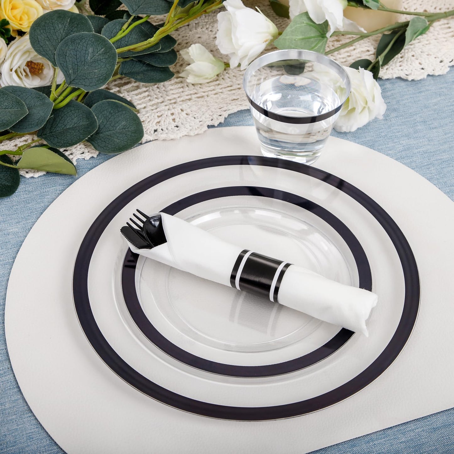 I00000 350 Pcs Clear and Black Plastic Plates,Black Dinnerware Set, Include 50 Dinner and 50 Dessert Plates,50 Plastic Cups,50 Pre Rolled Napkins with Cutlery for Graduation,Party
