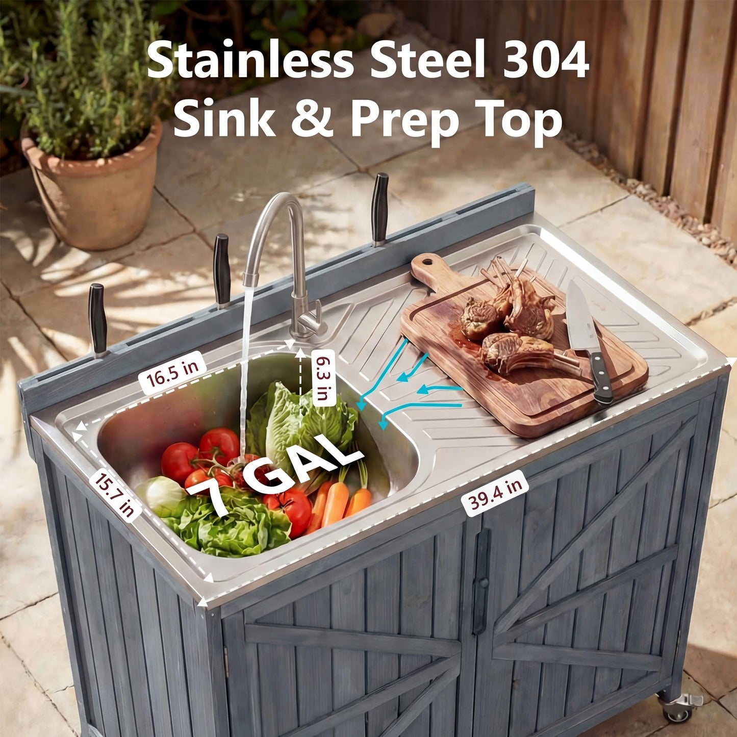 Merax 2 Piece Modular Outdoor Kitchen Series- Kitchen Grill Cart w/Stainless Steel Sink, Wood Rolling BBQ Prep Table w/Stainless Steel Top, Lockable Wheels for Patio & Outdoor Cooking, Grey Blue
