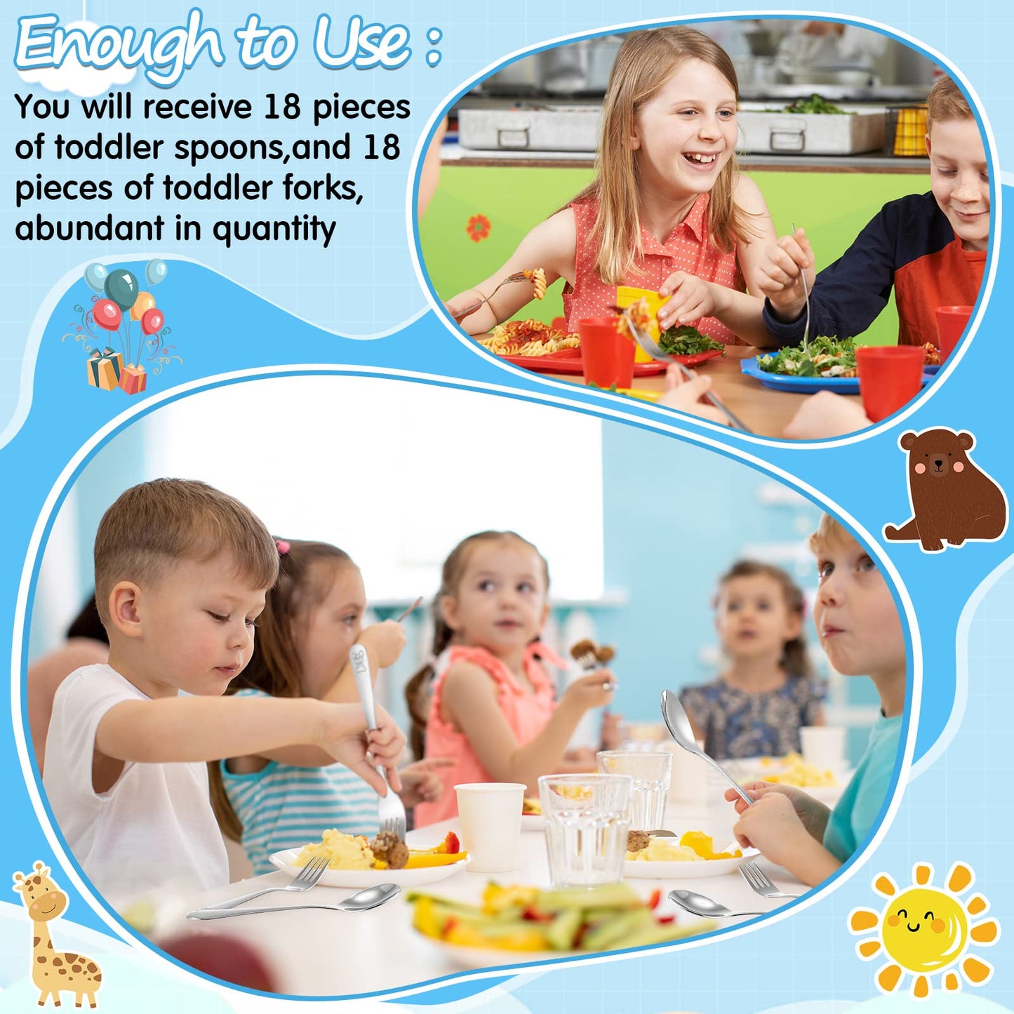 Eboot 36 Pieces Kids Silverware Toddler Utensils, Stainless Steel Childrens Forks and Spoons Sets, Food Grade Metal Cutlery Set, Dishwasher Safe(Zoo Animal)