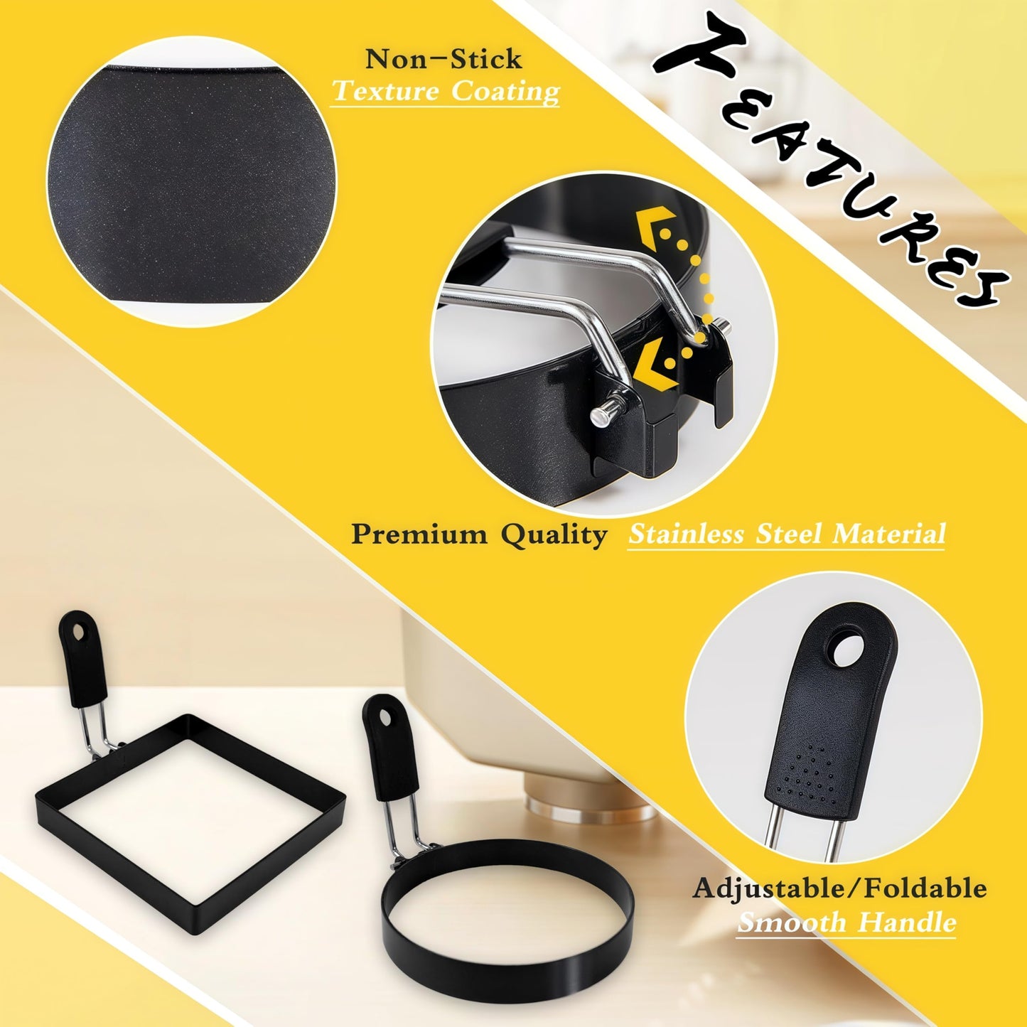 Beiskll 4 Pack Egg Rings for Frying Eggs, Round & Square Egg Cooking Stainless Steel, for English Muffins Pancake, with Silicone Handle