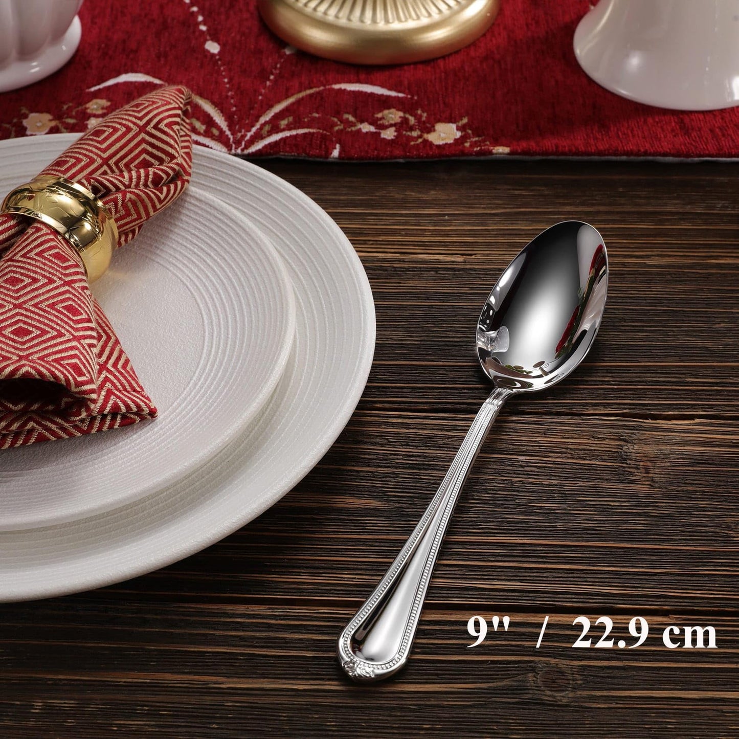 KEAWELL Pearl Edge 4-Piece Premium Spoon Set, 18/10 Stainless Steel, Fine Silverware Spoons with Refined Bead Design, Brightly Polished, Dishwasher Safe (Silver, 9" Serving Spoons)