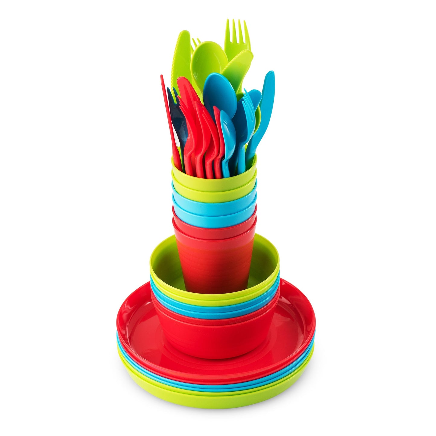 PLASKIDY Kids Plastic Dinnerware Set - 36 Pc Reusable Children's Dinner Set Microwave / Dishwasher Safe BPA Free Toddler Dishes Dinnerware Set Includes Kids Plates and Bowls Kids Cups & Flatware.
