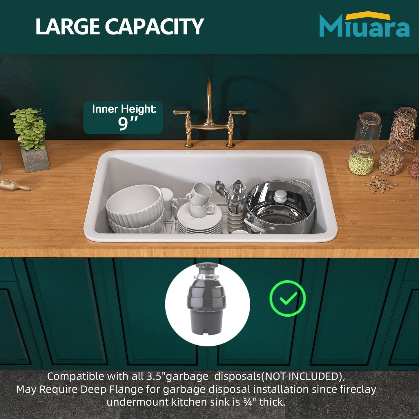 Miuara White Undermount Kitchen Sink 32 Inch - Large Topmount Fireclay Drop In Sink 32"x19"x10", Dual Mount Heavy Duty Deep Single Bowl, with 2 Custom Accessories, Glossy White, for Kitchen