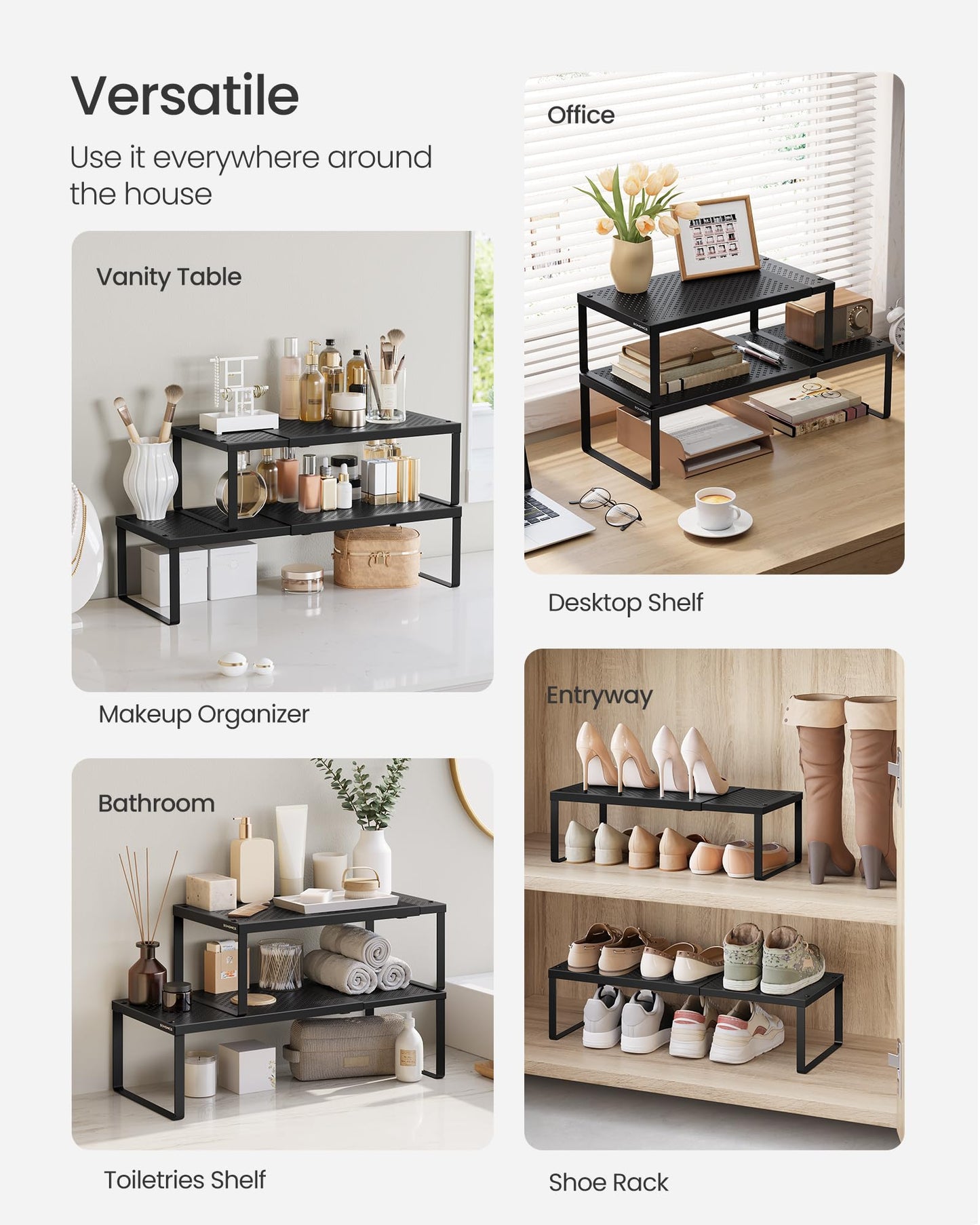 SONGMICS Spice Racks, Set of 2 Expandable Kitchen Countertop Shelves, Small Cupboard Organizers, Metal, Space-Saving Tabletop Shelves, Matte Black UKCS402B01