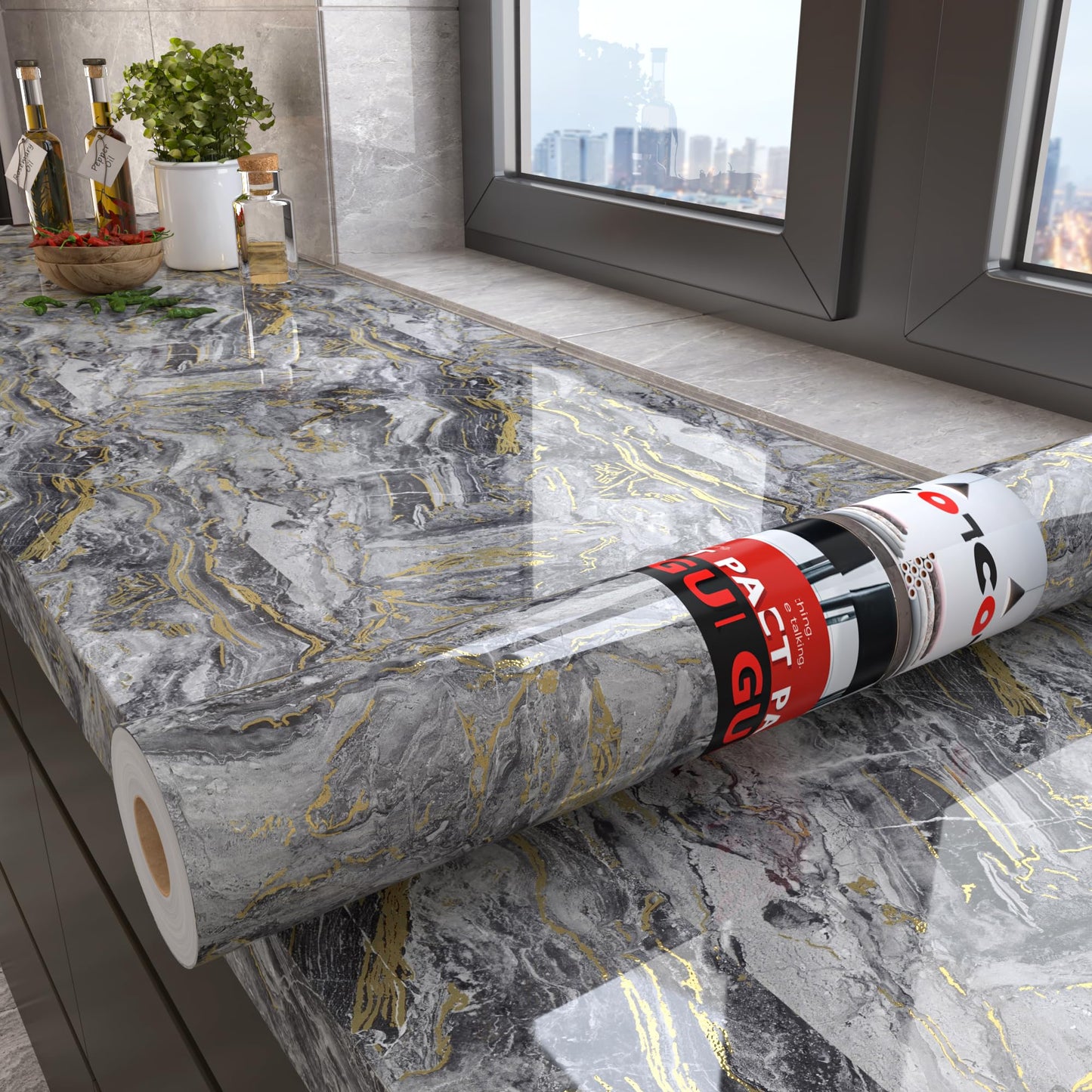 Decotalk 24x120 Inch Glossy Countertop Contact Paper - Grey Marble Contact Paper for Countertops Gold Marble Wallpaper Peel and Stick Counter Top Wrap Waterproof Grey Marbles Wallpaper
