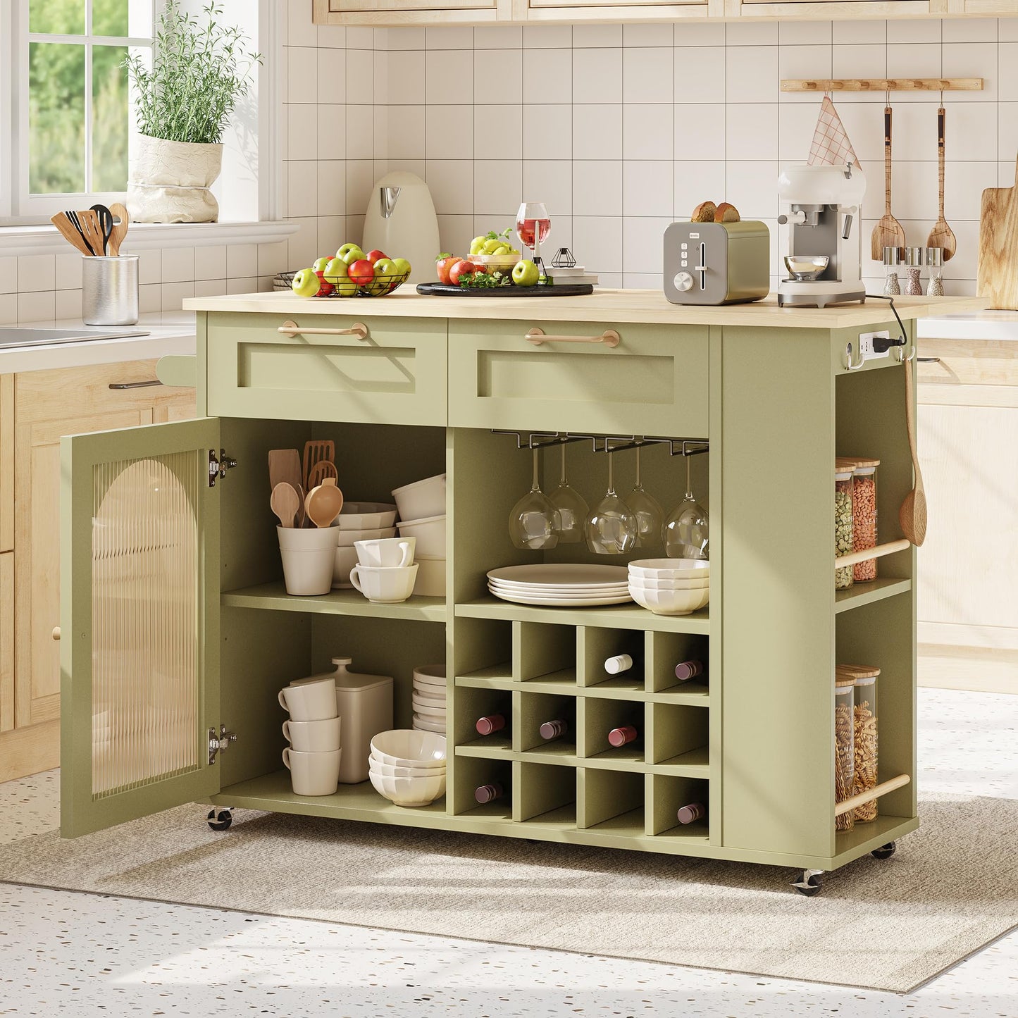 LIKIMIO Rolling Kitchen Island with Storage, 39.4" W Mobile Cart with Power Outlet & Drop Leaf Table, 2 Drawers, Removable 12 Grids, 3 Wine Racks, 360°Casters, Adjustable Shelf, Glass Door, Green