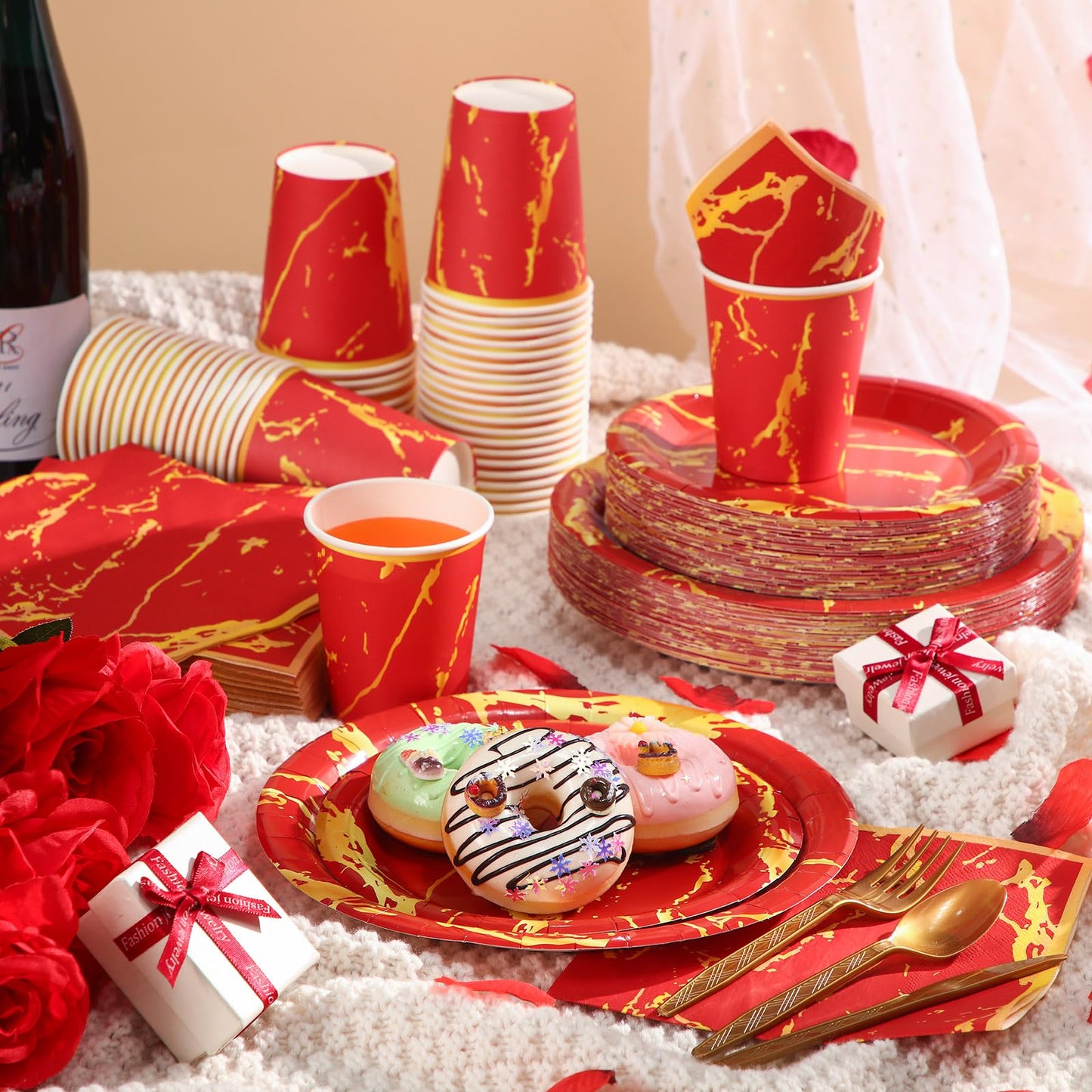 Bokon 350 Pcs Red Gold Party Supplies Disposable Dinnerware Set Include 100 Plates 50 9 oz Paper Cup 50 Sets Spoon Fork Knives 50 Napkin for 50 Guests Wedding Birthday Valentines Party Decoration