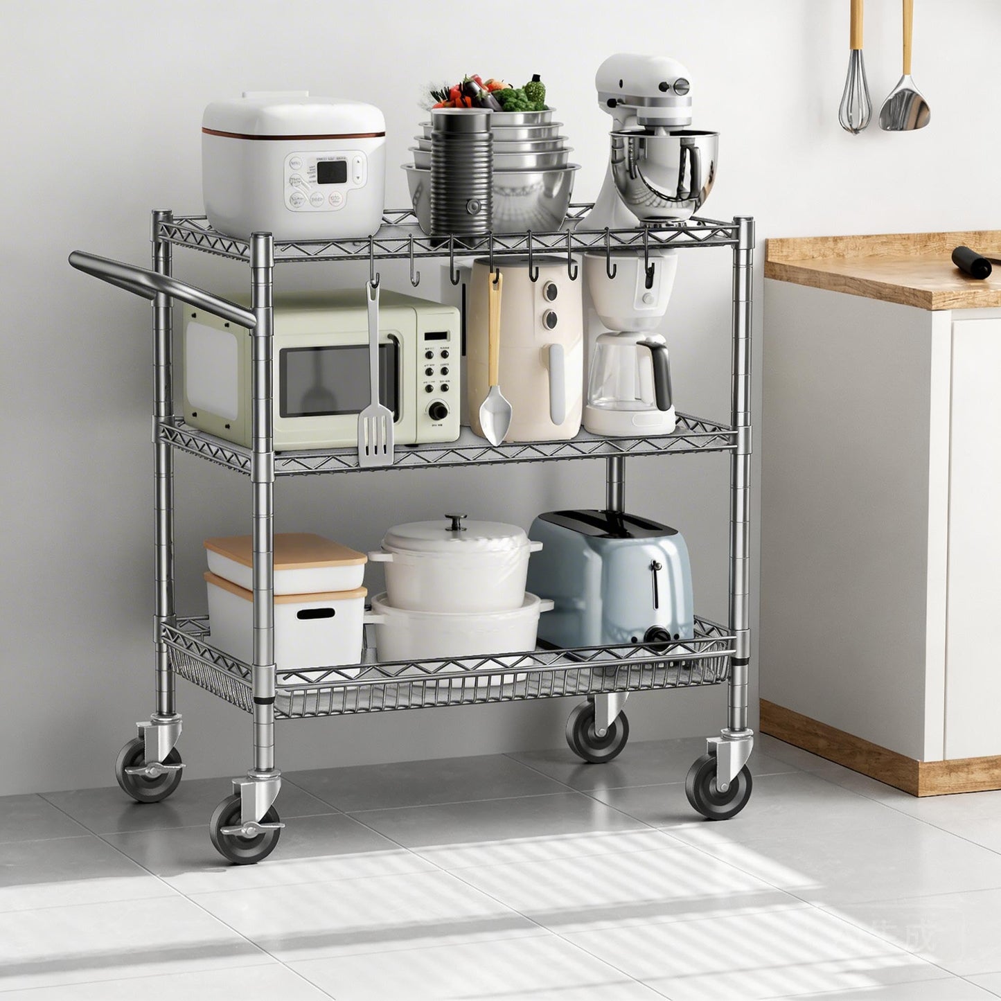 Rolling Utility Metal Carts with Wheels Heavy Duty 1050Lbs Commercial Grade 3 Tier Wire Serving Cart with Handle Bar & Shelf Liner, Storage Trolley for Kitchen Laundry Garage,Gray