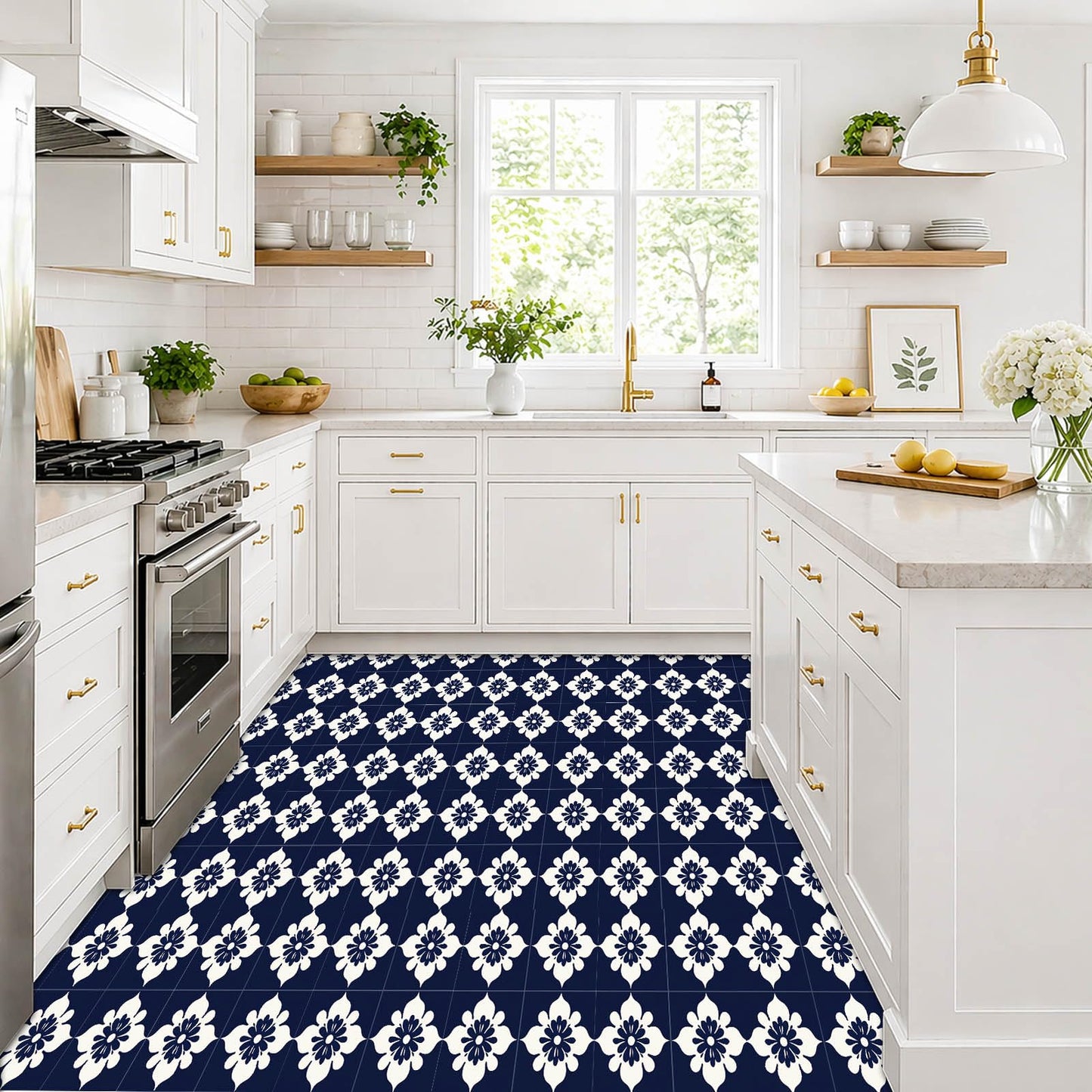 IVN 10PCS 12x12 Inch Navy Floral Pattern Peel and Stick Floor Tiles Removable Self Adhesive Vinyl Flooring Stickers for Bathroom Kitchen Balcony Decor