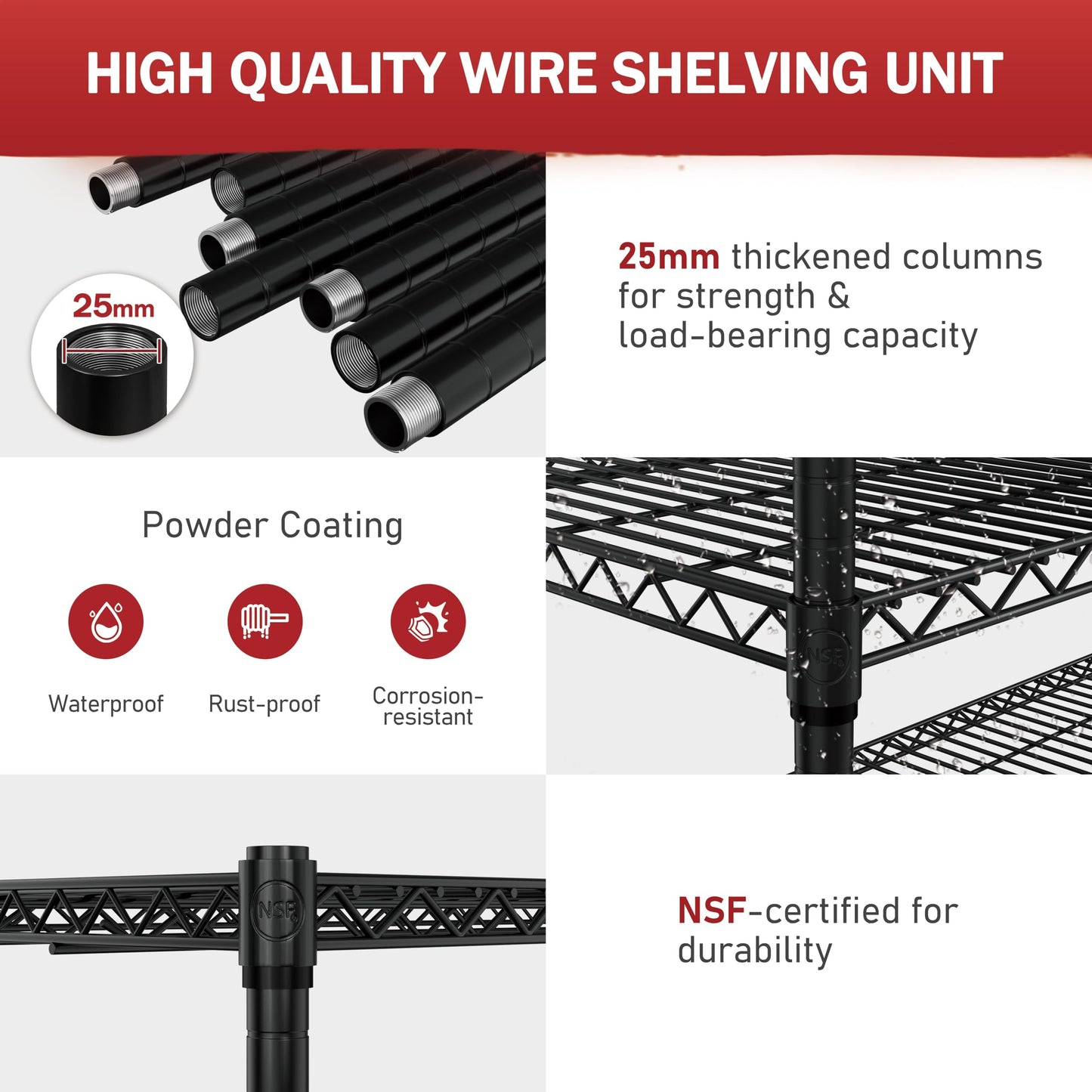 BlueWish 5-Tier Heavy Duty Steel Wire Shelving Unit with Wheels, Adjustable Storage Shelving Unit, 18" D x 48" W x 76" H NSF Certified Rolling Shelving for Kitchen Garage Basement Warehouse, Black