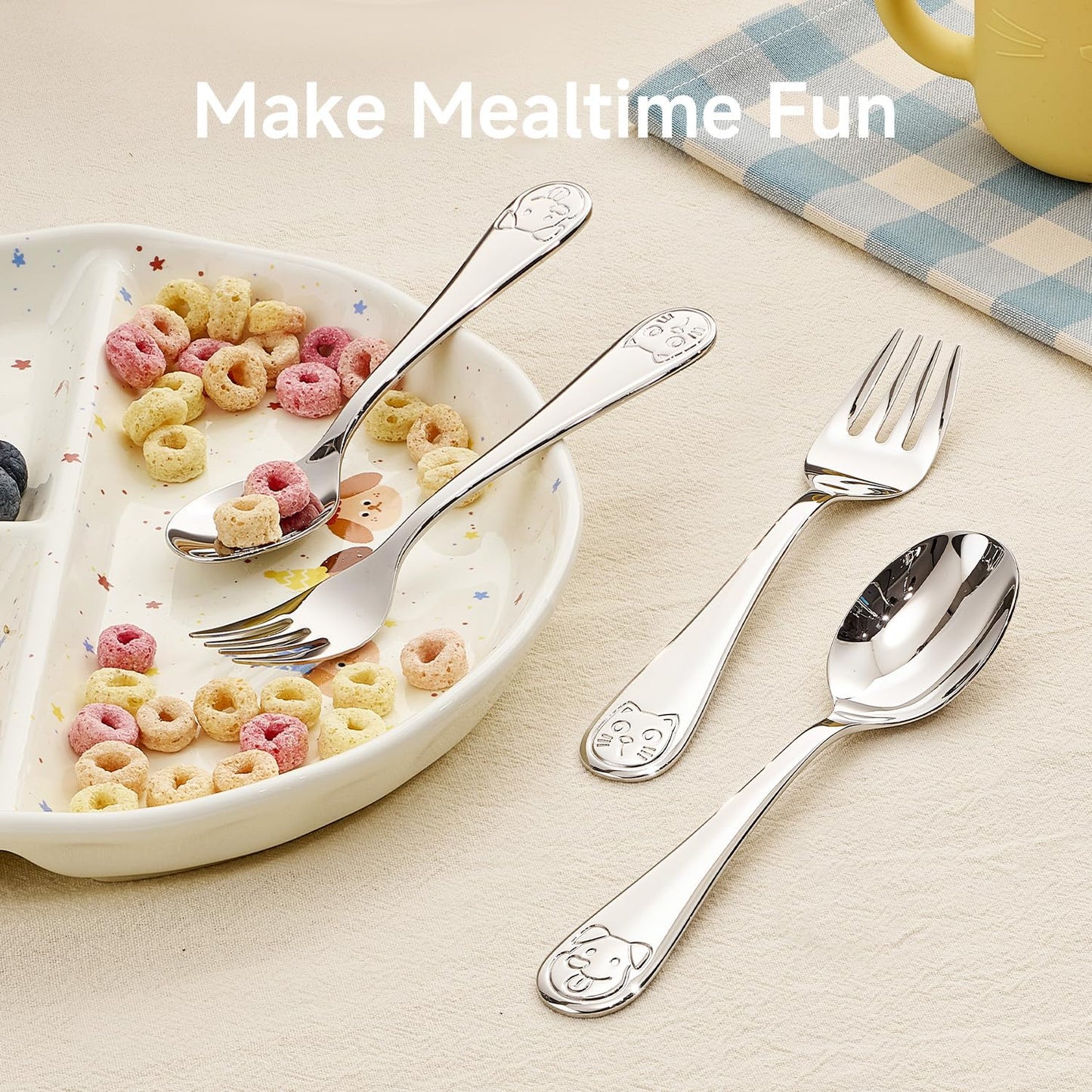 KINGSTONE Toddler Utensils Gift Set, 4-Piece Forks & Spoons, Small & Large, 18/10 Stainless Steel, Cat & Dog Print, Ergonomic Flatware for Toddlers & Kids, Self-Feeding, Children Shower Gift