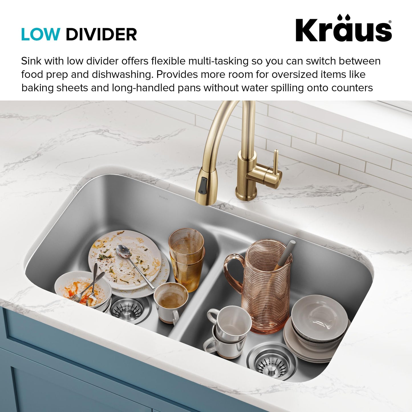 KRAUS Premier 32-inch Undermount 50/50 Double Bowl Low Divider 18-Gauge Stainless Steel Kitchen Sink with Strainers (x2), KBU32