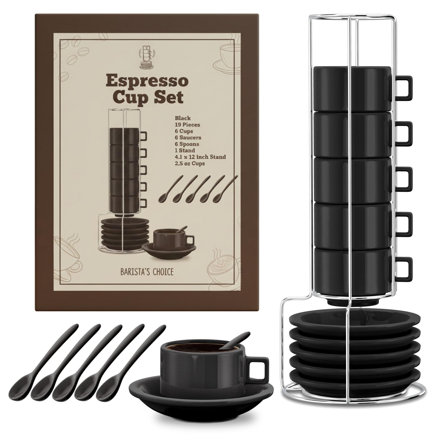 Houseables Espresso Cup Set, Espresso Cups Stackable, Expresso, Demitasse, with Saucers, Stand, Spoons, Coffee Mugs, Juego De Tazas Para Cafe, Porcelain, Stacking, 19 Pieces, Set of 6, 2.5 oz, Black