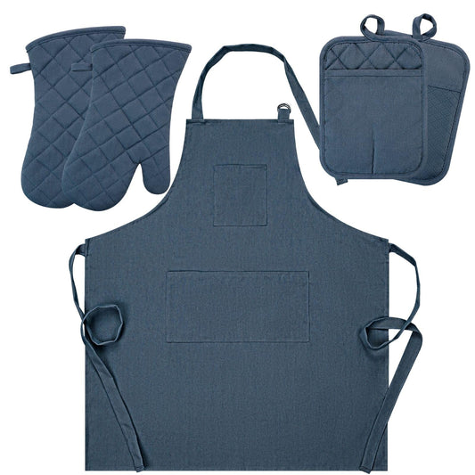 Oven Mitts and Pot Holders with Cooking Apron Set of 5, Heat Resistant Kitchen Gloves and Silicone Non-Slip Potholders, Adjustable Neck Buckle Chef Apron, Cotton Nice Design for Cooking （Navy…