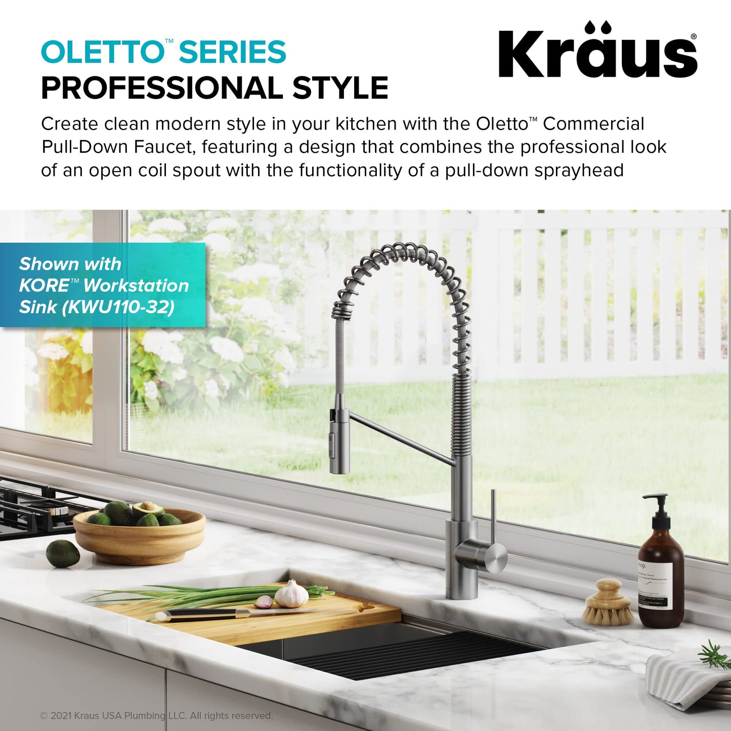KRAUS Oletto Commercial Style Single Handle Pull Down Kitchen Faucet with QuickDock Top Mount Installation Assembly in Spot Free Stainless Steel, KPF-2631SFS