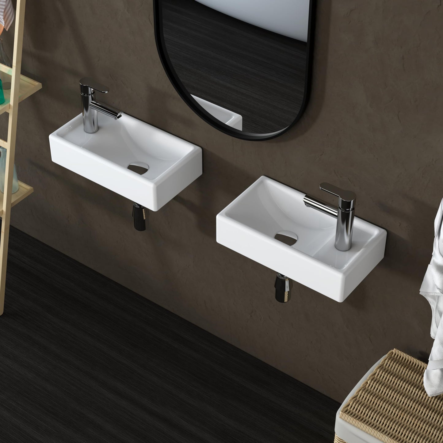 MEJE 16-Inch Wall Hung Basin Sink Combo, Small Cloakroom Basin, Rectangle Ceramic Bathroom Wash Basin - Right Hand Sink Set (Include Faucet & Pop-up Drain)