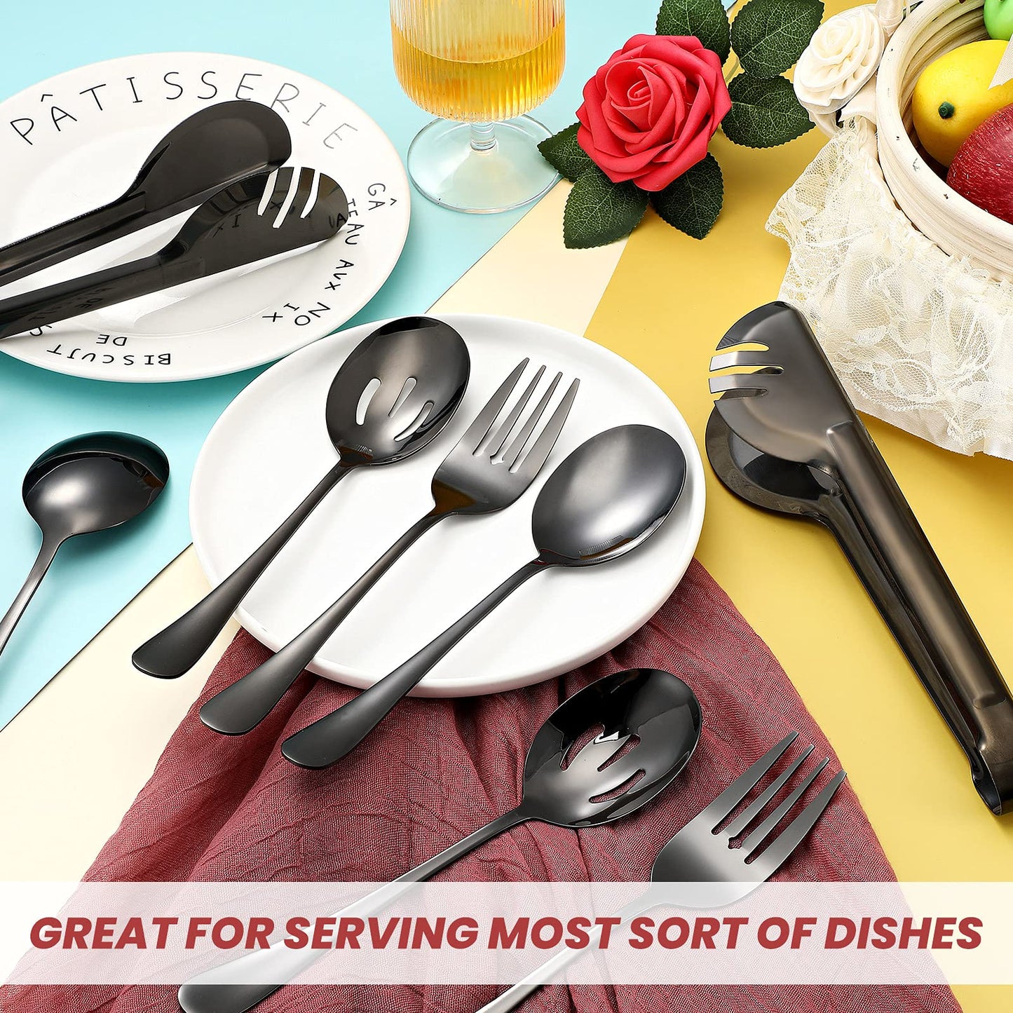 Patelai 8 Pcs Black Stainless Steel Serving Utensils Set 8.7" Large Spoons and Slotted Spoon 9.45" Tong 9" Forks Flatware Wedding Party Restaurant Cooking Kitchen Holiday Buffet Banquet Catering Hotel