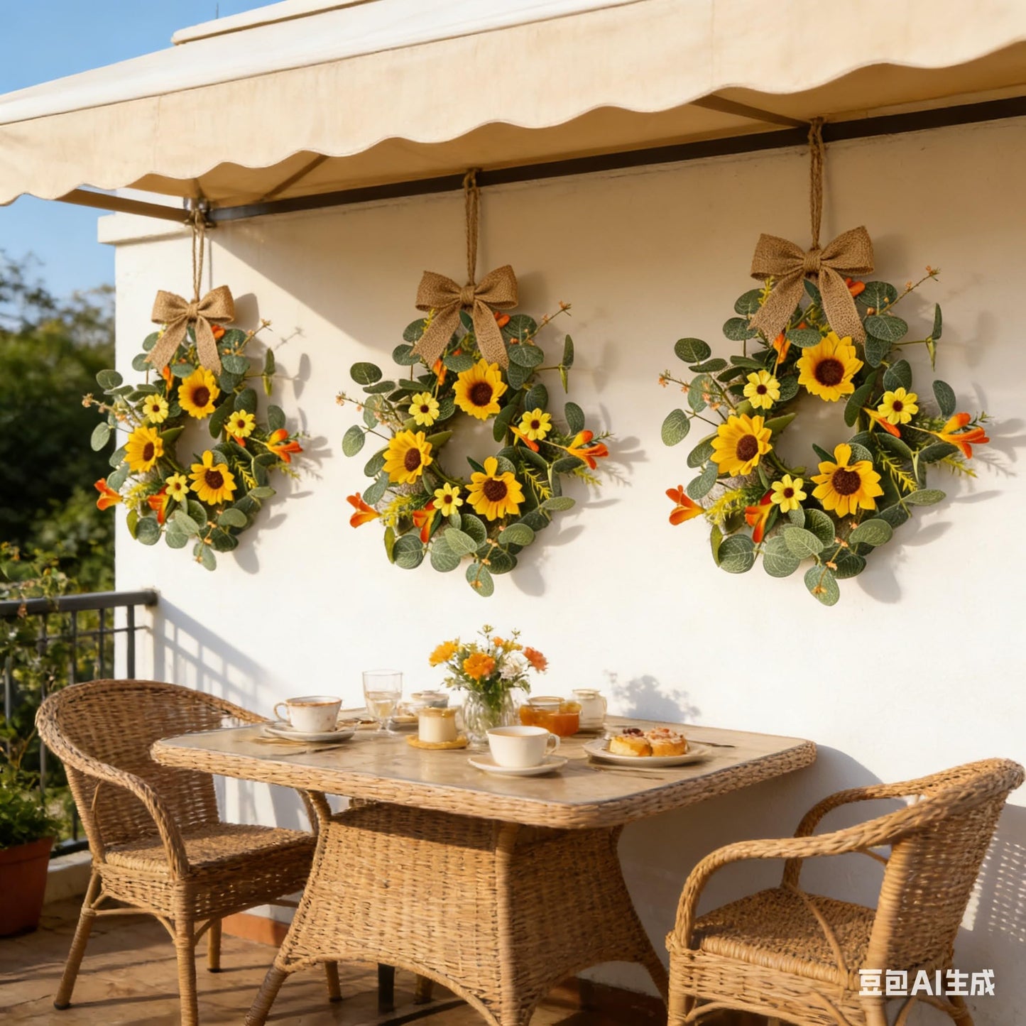6 Pcs Summer Sunflower Mini Hanging Wreaths for Cabinets Artificial Small Candle Ring Wreaths with Daisy Flower and Eucalyptus Leaves for Home Kitchen Front Door Window Farmhouse Porch Wall Decor
