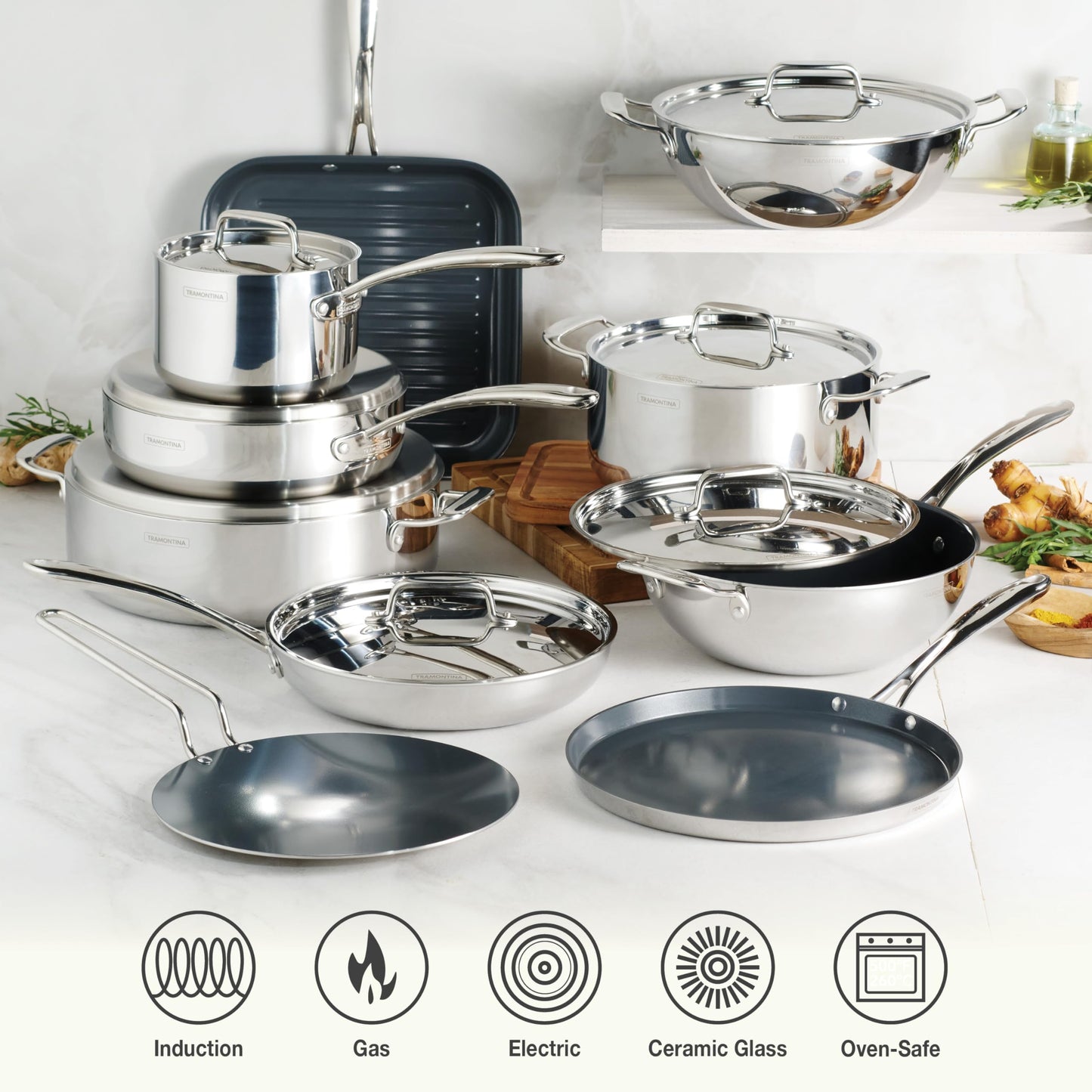 Tramontina Utsava Tri-Ply Clad Stainless Steel 10-Inch Square Grill Pan with Ceramic Non Stick Interior, Induction-Ready