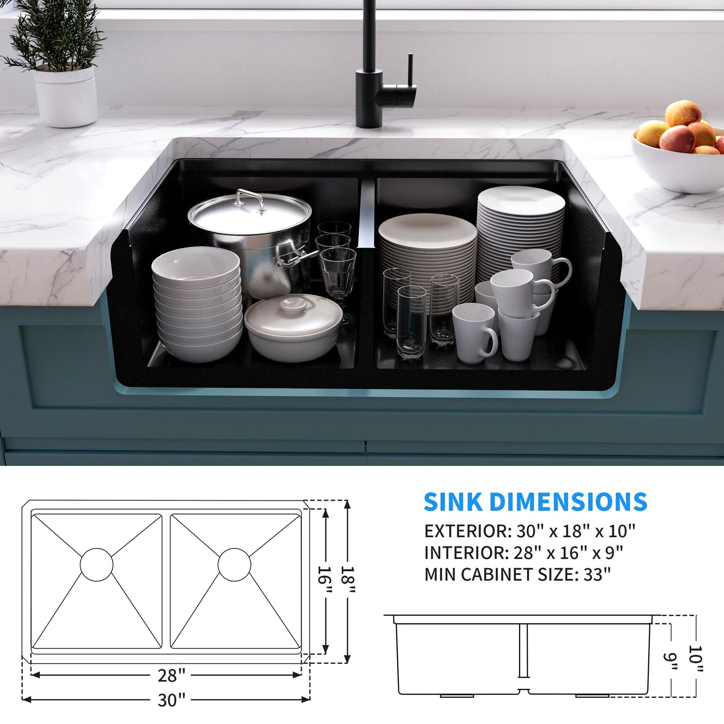 MILOSEN Black Double Bowl Kitchen Sink, 30x18 Inch T304 Stainless Steel Undermount Workstation Sink, 50/50 Double Bowl 10 Inch Deep Handmade Kitchen Sinks, Undermount Black Sinks with Accessories