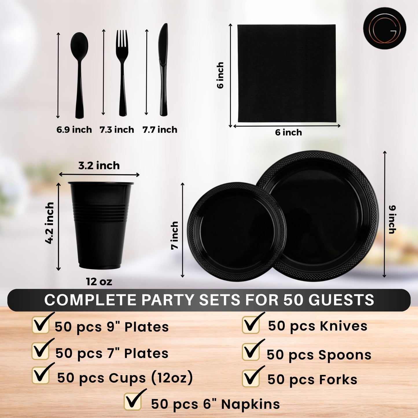 Grandipity 350 Piece Black Dinnerware Set, 50 Guests Plastic Party Plates, Cups, Napkins, Forks, Knives & Spoons