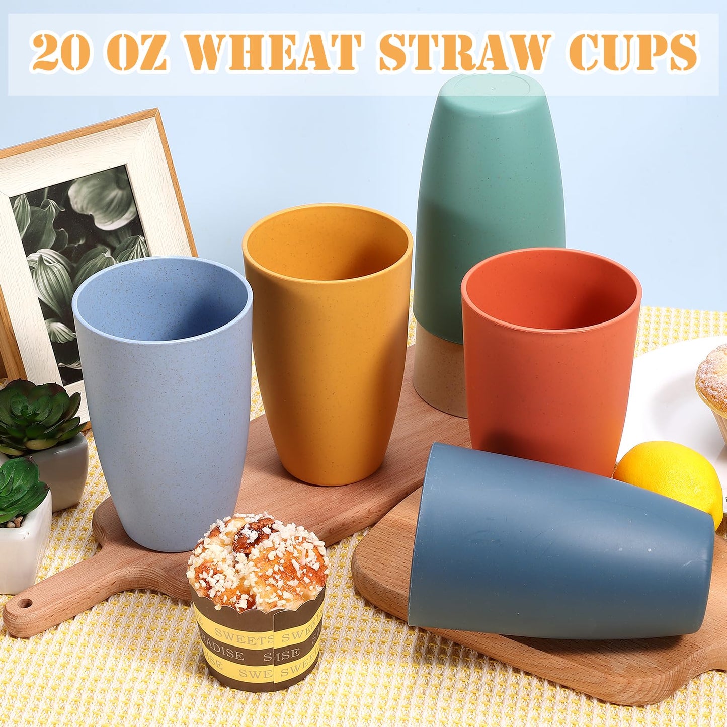 Dyrfolm 6 PCS Wheat Straw Cups,20 OZ Unbreakable Drinking Cup,Plastic Reusable Cups,Dishwasher Safe Water Cup Set for Home Kitchen Camping Party,Dinner,Lightweight & Stackable,Multicolor