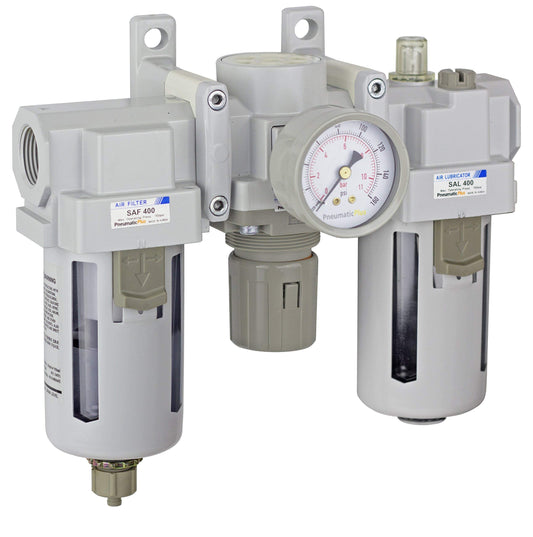 PneumaticPlus SAU400-N06G Compressed Air Filter Regulator Lubricator Combo 3/4" NPT - Poly Bowl, Manual Drain, Bracket, Gauge
