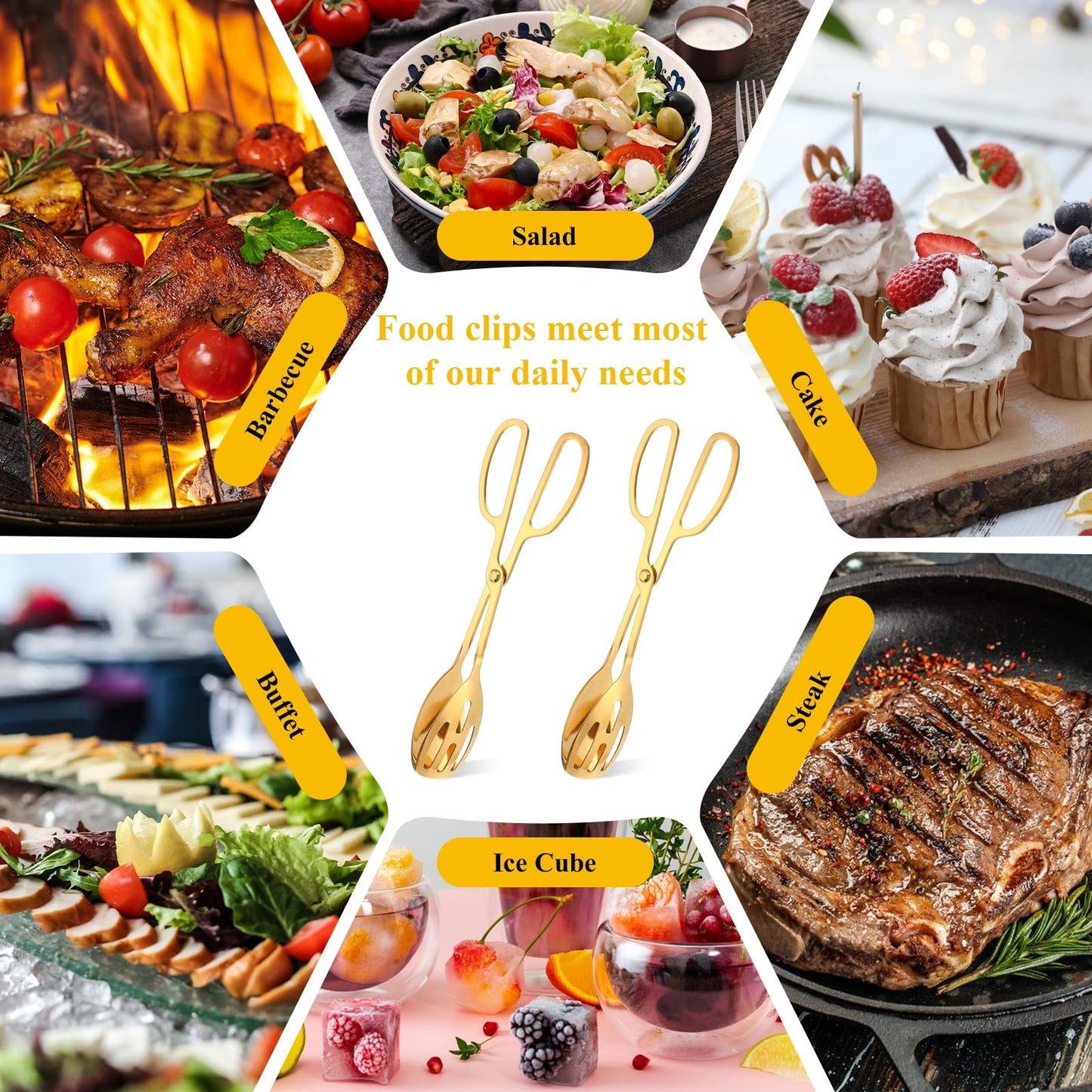 2 Pack Gold Serving Tongs Buffet for Kitchen Serving and Cooking, Thickening Stainless Steel Salad Tongs Food Tong Servings Utensils for Wedding Party Catering (Gold)