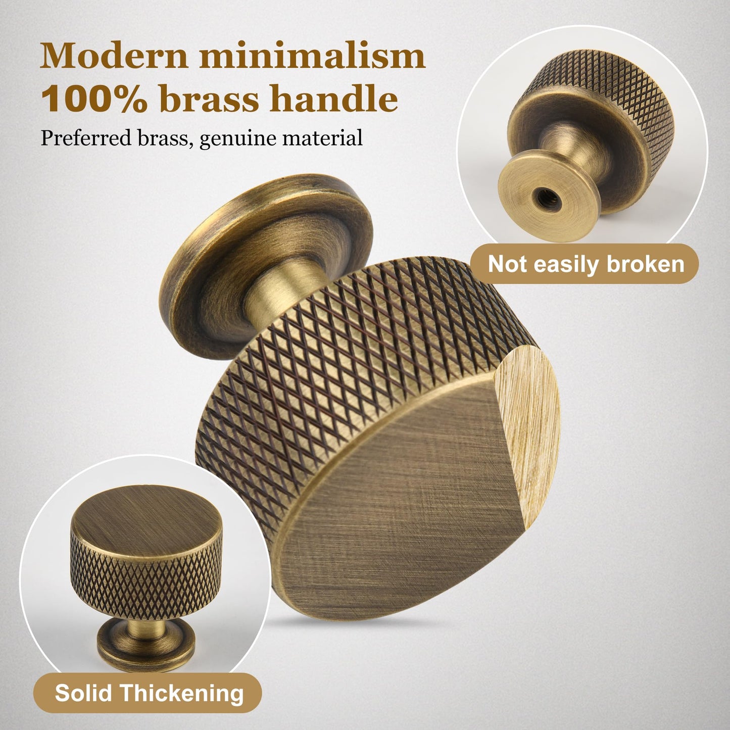 Urnew Antique Brass Kitchen Cabinet Knobs 5 Pack, 1.1Inch Knurled Brass Dresser Drawer Pulls, Modern Furniture Hardware Handles for Cupboard Wardrobe Vanity Closet Door