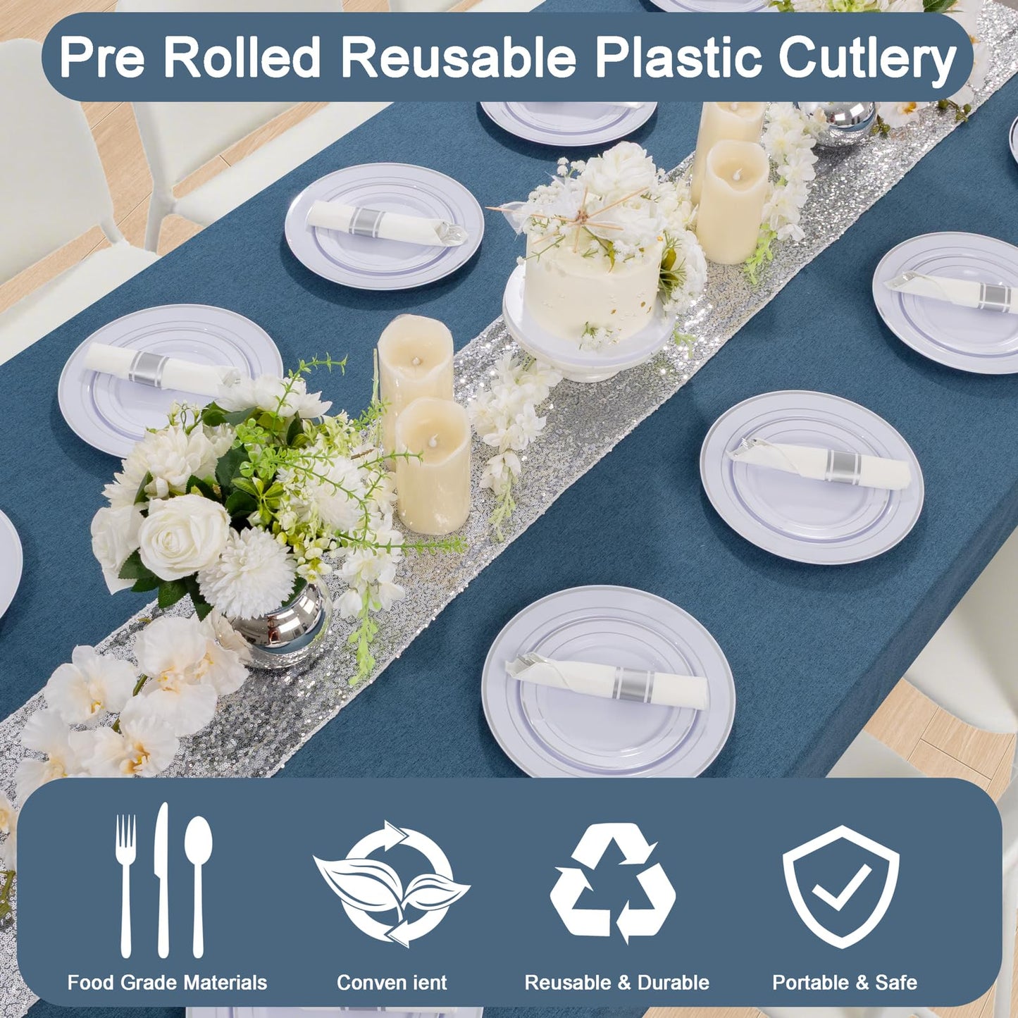 EI 60Pack Pre Rolled Silver Plastic Silverware Disposable Rolled Cutlery with Napkins,Sliver Plastic Wrapped Silverware Disposable Heavy Duty Perfect for Tea Party,Wedding,Spring,Valentine's Day