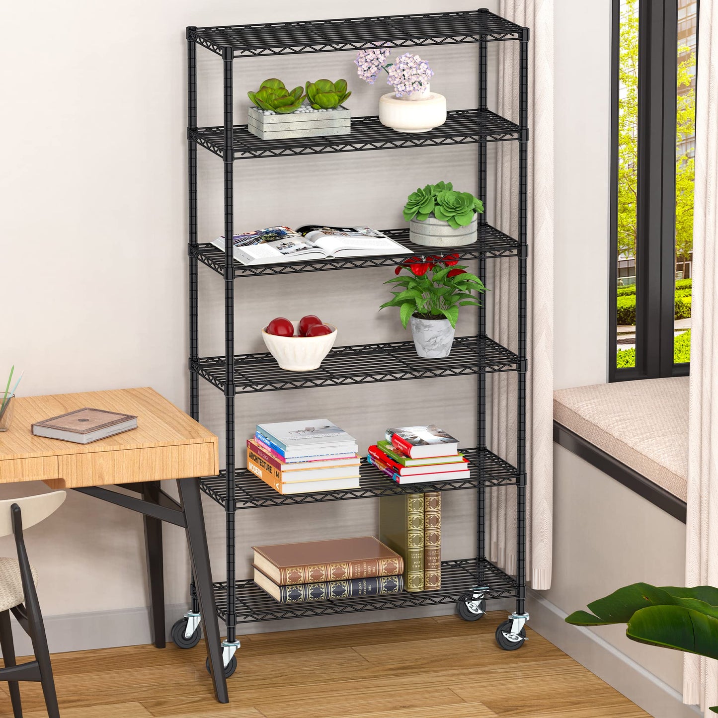 Alexayhome Heavy Duty Wire Metal Shelving with Wheels 6 Tier Garage Storage Utility Rolling Shelves Rack Unit Industrial Adjustable Sturdy Shelving for Kitchen Garage Pantry Bathroom Laundry