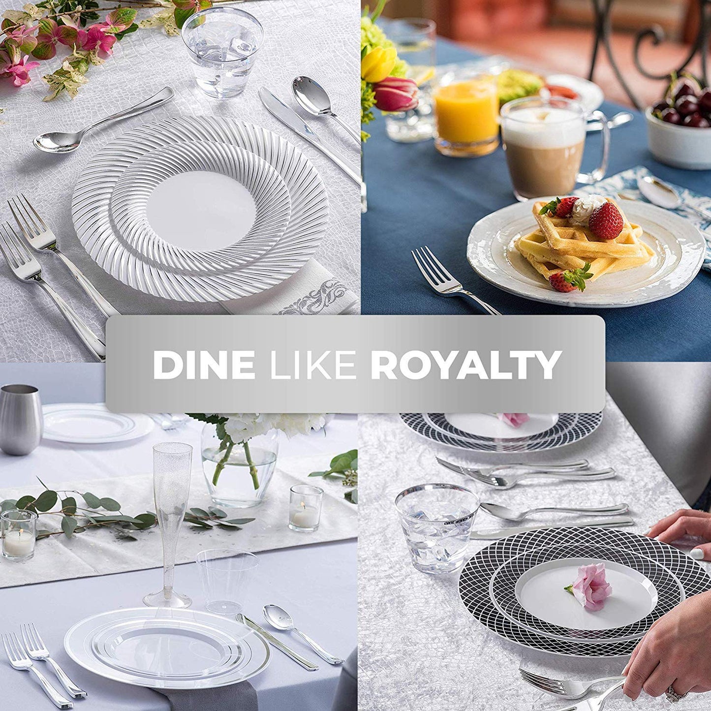 125-Piece White and Silver Fancy Plastic Plates Disposable with Silverware, Elegant Dinnerware for Weddings, Holiday Party China, Set of 25 Dinner + Salad Plates, 25 Spoons, 25 Forks, 25 Knives