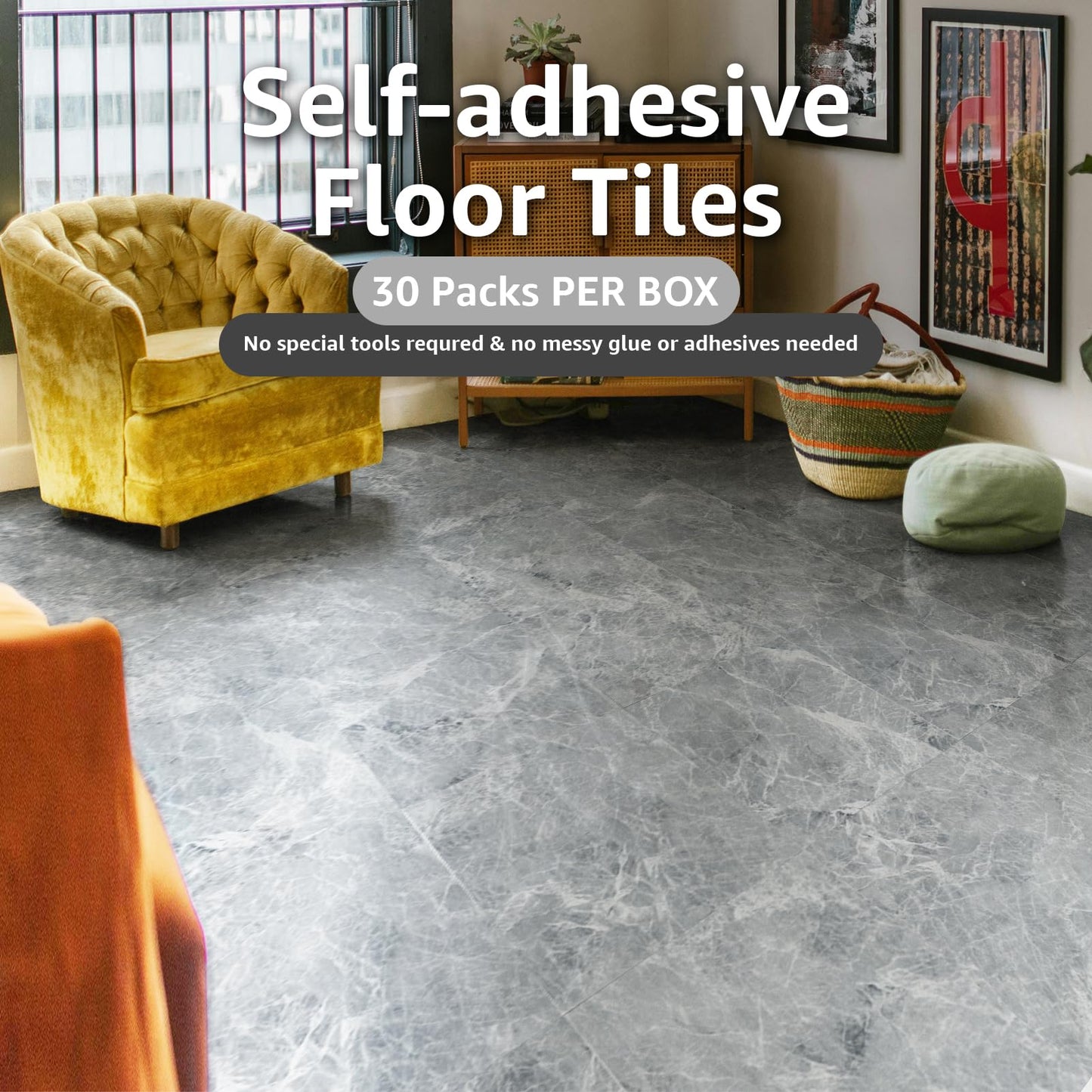 Art3dwallpanels Peel and Stick Floor Tiles 30-Pack 12 x 12 inch, Self Adhesive Waterproof Vinyl Flooring Marble Pattern for Kitchen, Dining Room, Bedrooms, Cover 30 Sq. Ft, Grey Marble
