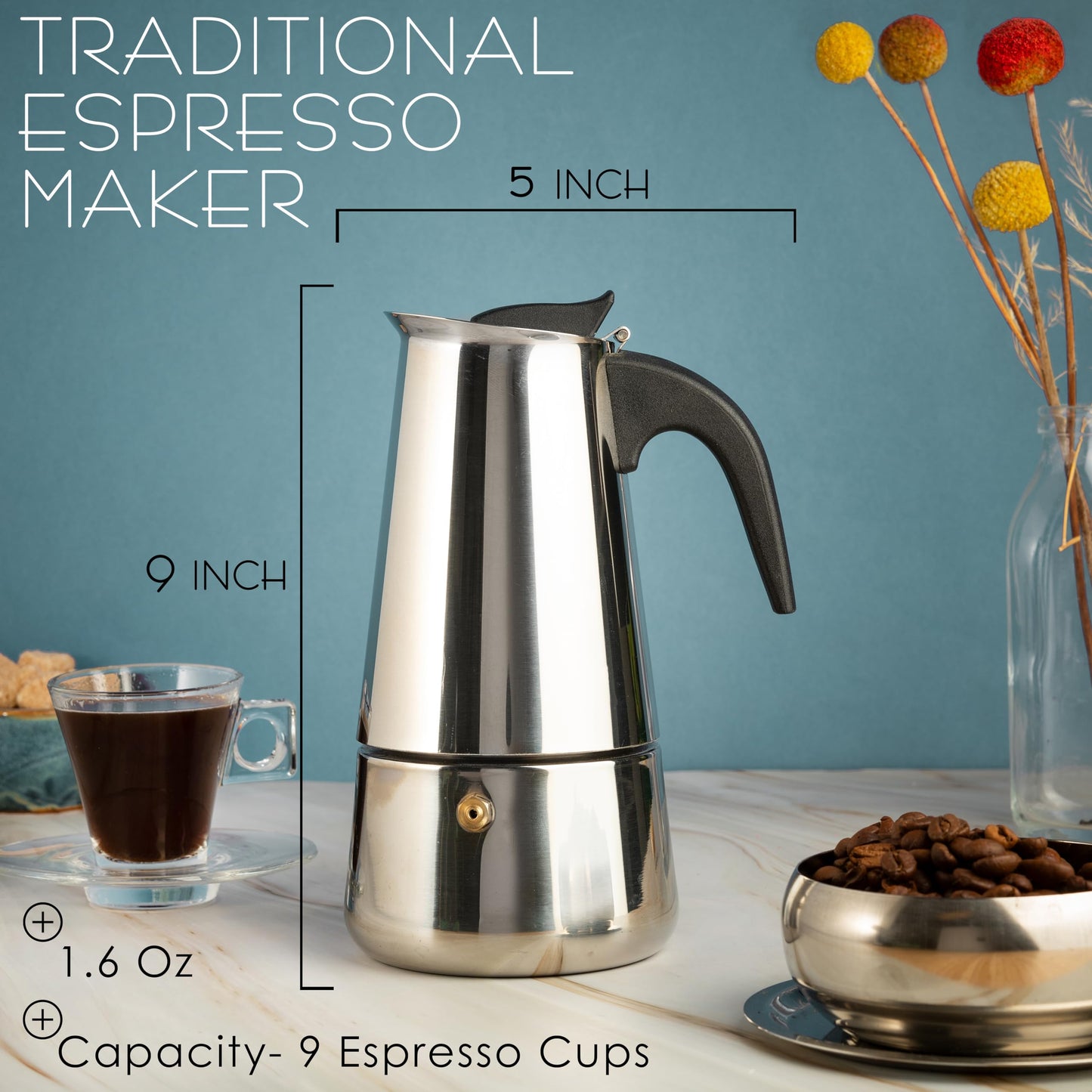 Mixpresso 9 Cup Greca Stovetop Espresso Pot 450ml/15oz, Moka Pot with Coffee Percolator Design, Stainless Steel Stove Top Coffee Maker for Camping or Home Use,Italian Stovetop Espresso Maker