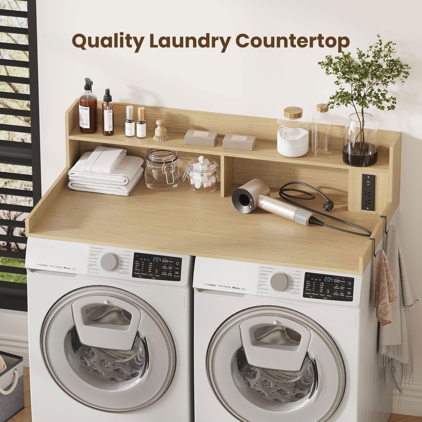 ZYKZYK Upgraded 2-Tier Washer and Dryer Countertop with Power Outlet,54" W x 27.6" D Large Laundry Countertop for Fold Clothes, Laundry Topper with Non-Slip Pads & Metal Hooks and Storage Basket