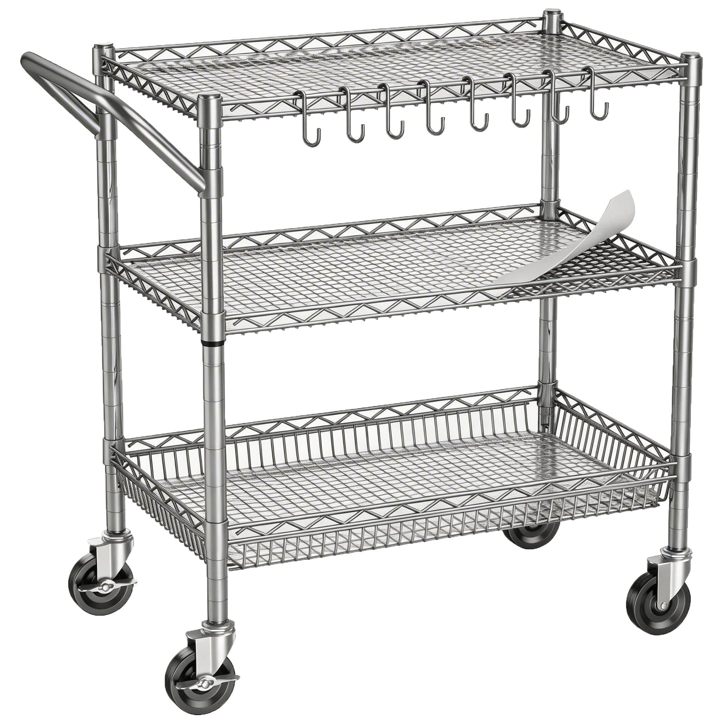 Rolling Utility Metal Carts with Wheels Heavy Duty 1050Lbs Commercial Grade 3 Tier Wire Serving Cart with Handle Bar & Shelf Liner, Storage Trolley for Kitchen Laundry Garage,Gray