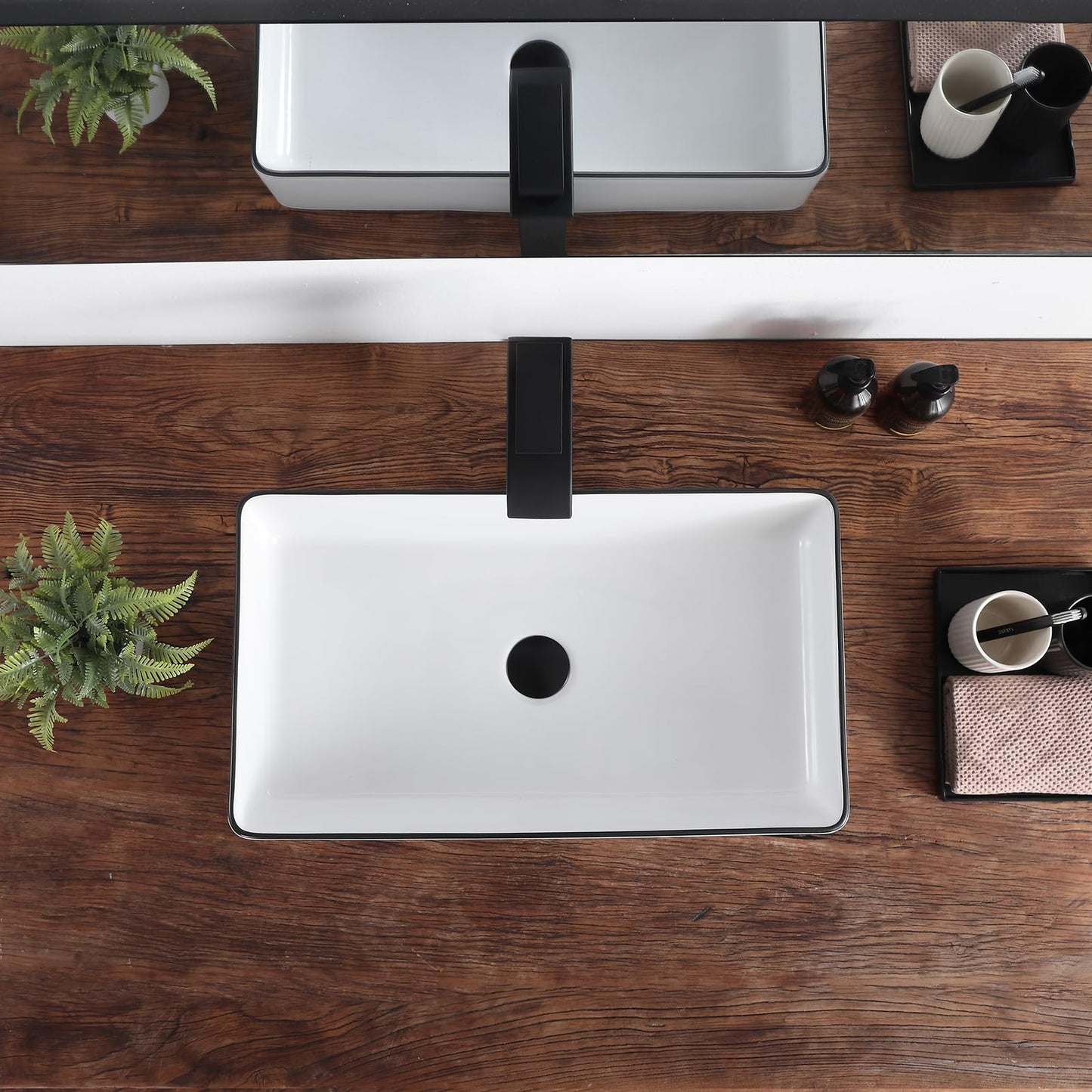 KDKSC Vessel Sink 24"x14" Rectangular Bathroom Sink White with Black Trim Porcelain Ceramic Modern Above Counter Vanity Sinks