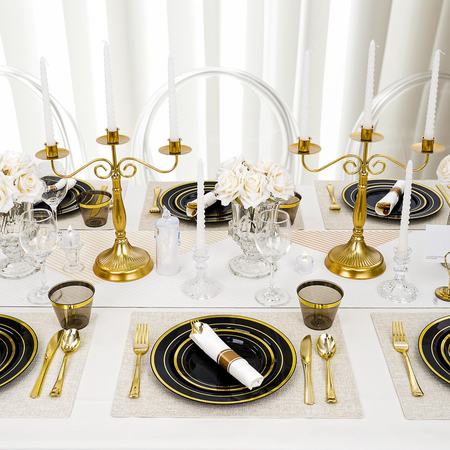 realluck 350 PCS Black Plastic Dinnerware Set for 50 Guests, 100 Disposable Plates for Party, 50 Pre Rolled Napkins with Gold Silverware, 50 Cups for Graduation