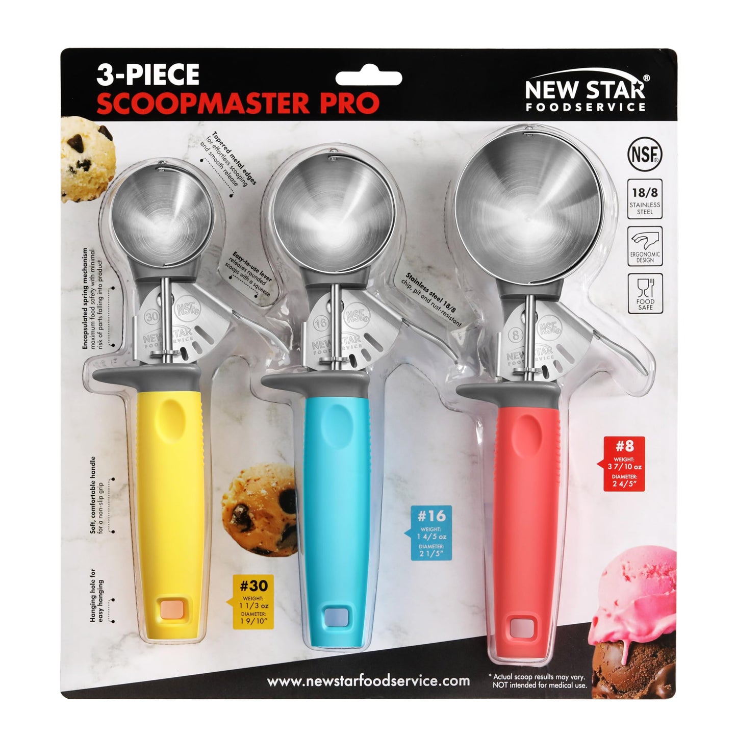 New New Star Foodservice Commercial-Grade Thumb Press Food Disher/Ice Cream Scoop, 3-Pack, #8 Red + #16 Blue + #30 Yellow, 18-8 Stainless Steel, NSF Certified