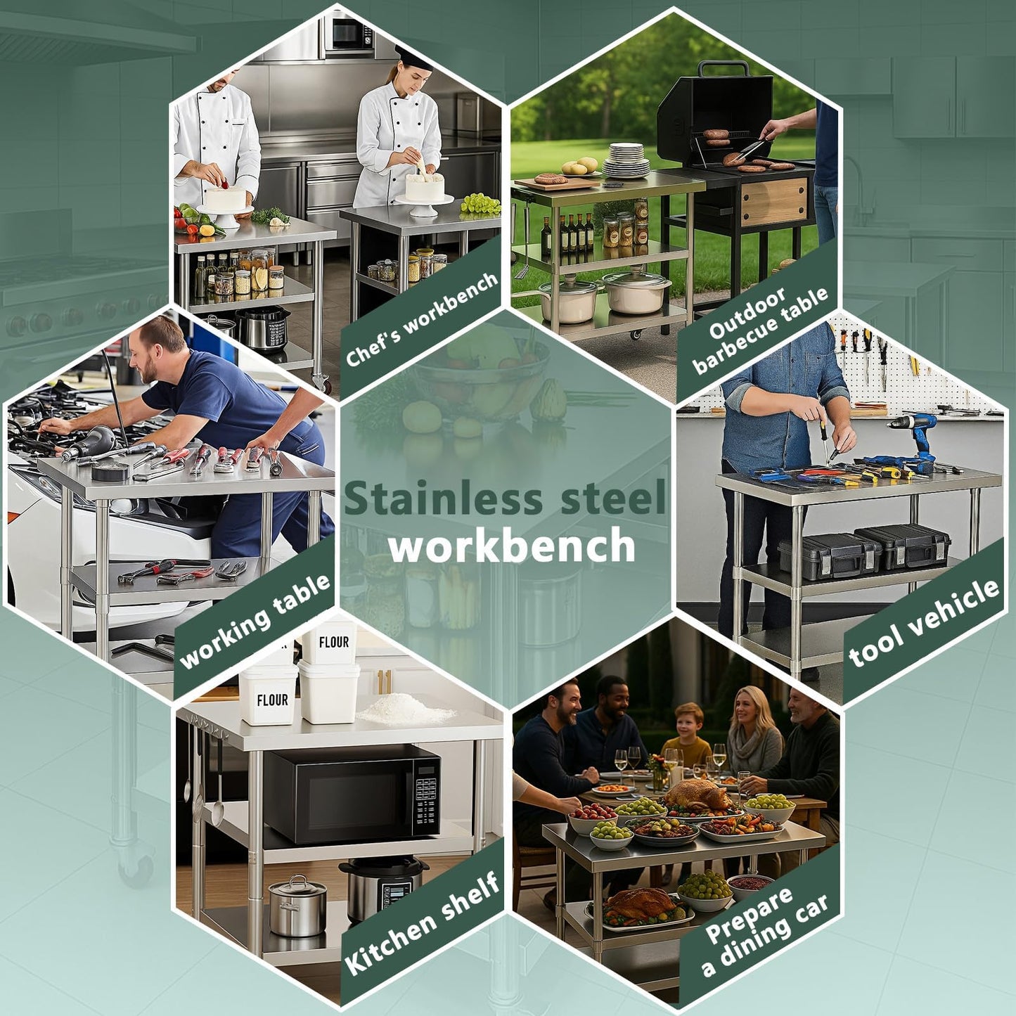Stainless Steel Table with Wheels for Food Preparation and Work, Multi-Size Optional, Three-Layer Variable Two-Layer Metal Commercial Workbench Outdoor, Restaurant, Kitchen (51" Lx24 Wx34 H)