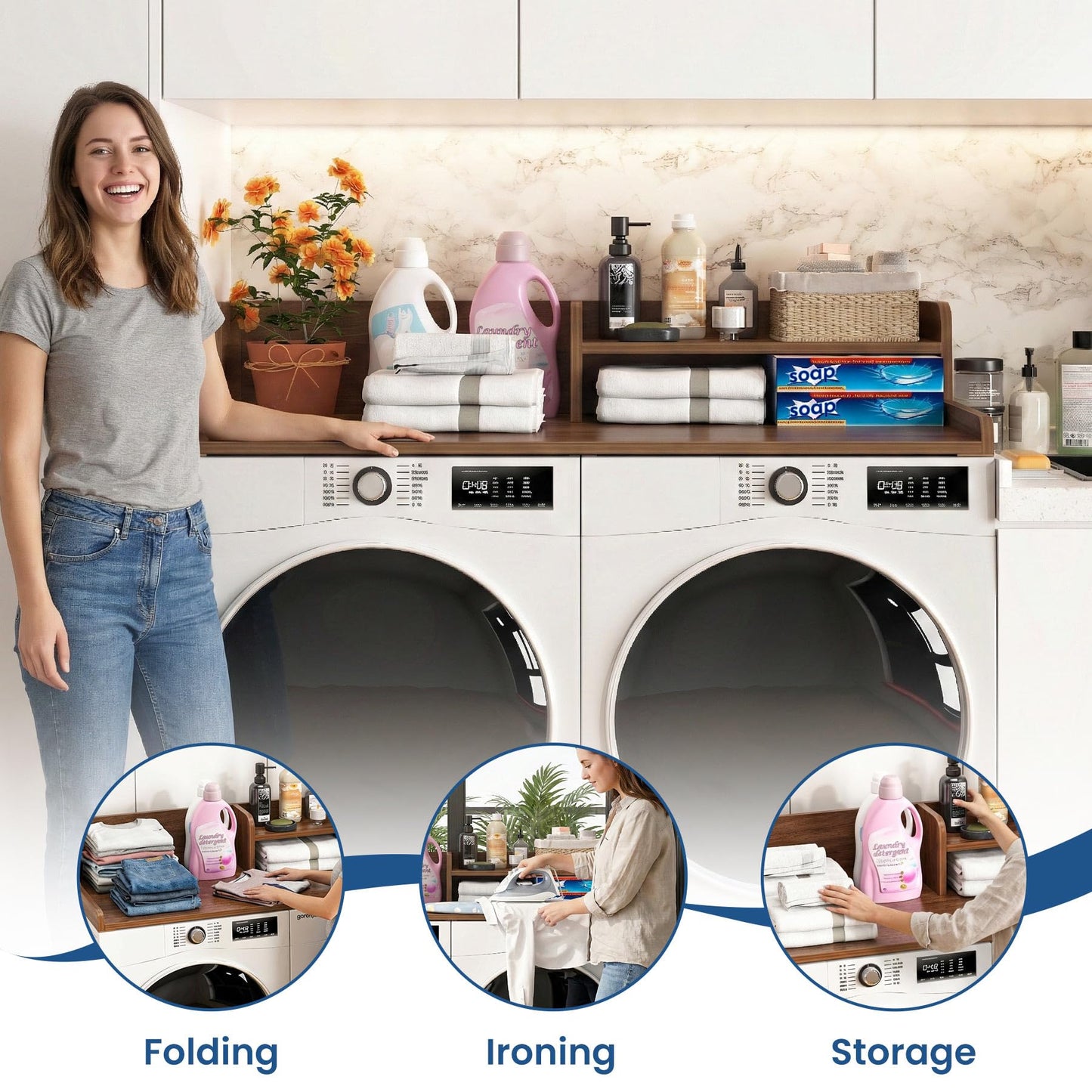 BREENHILL Washer Dryer Countertop with Open Storage Shelf & Raised Edge Guard, Laundry Room Storage Shelf Over Washer Dryer, Non-Slip Wood Organizer Topper, Walnut Finish