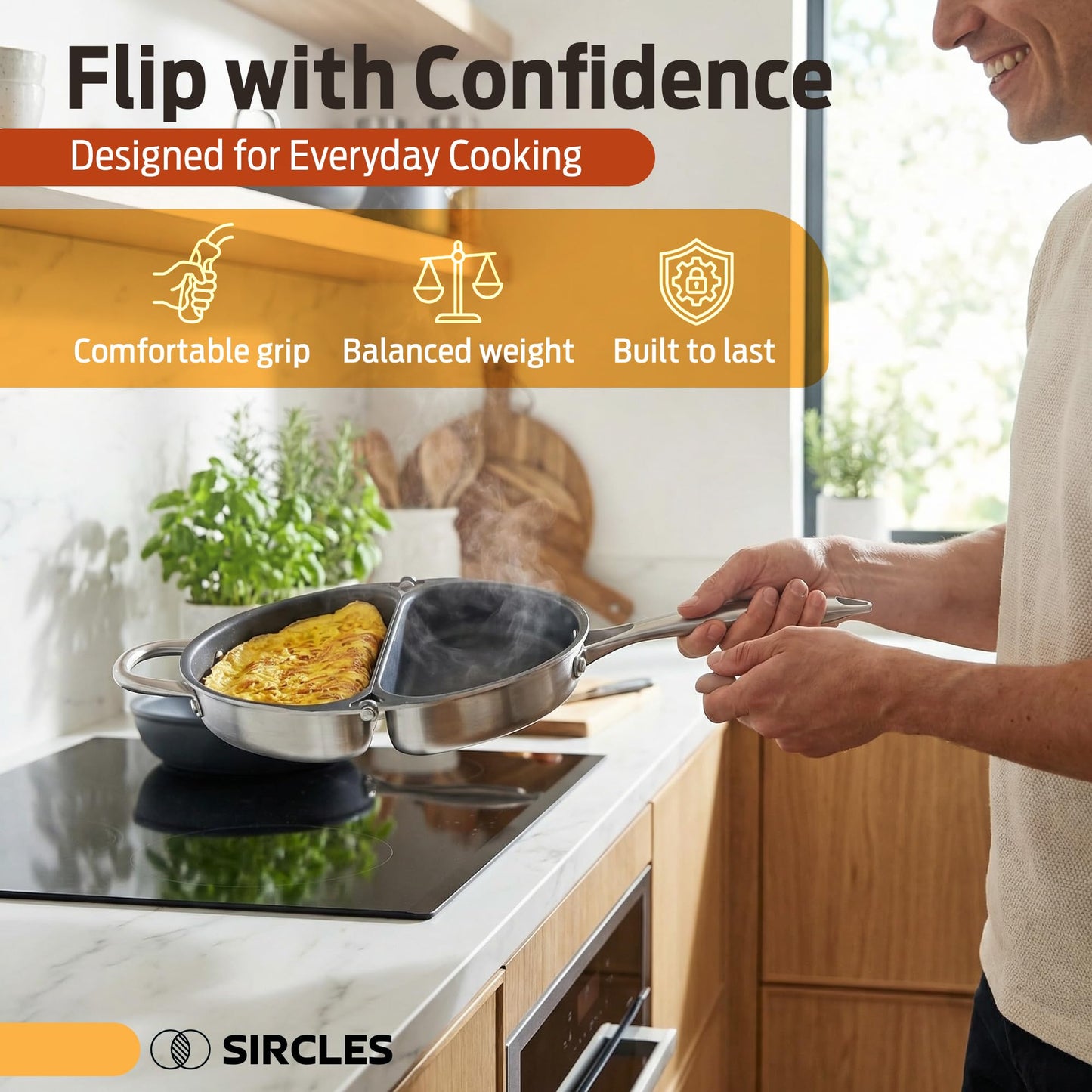 SIRCLES Omelette Pan Double Sided Non Stick Omelette Maker, 3004 Aluminum, Induction Compatible, Dishwasher Safe, PFOA Free, Flip Lock Egg Pan with Spatula & Recipe eBook, Omelette Makers