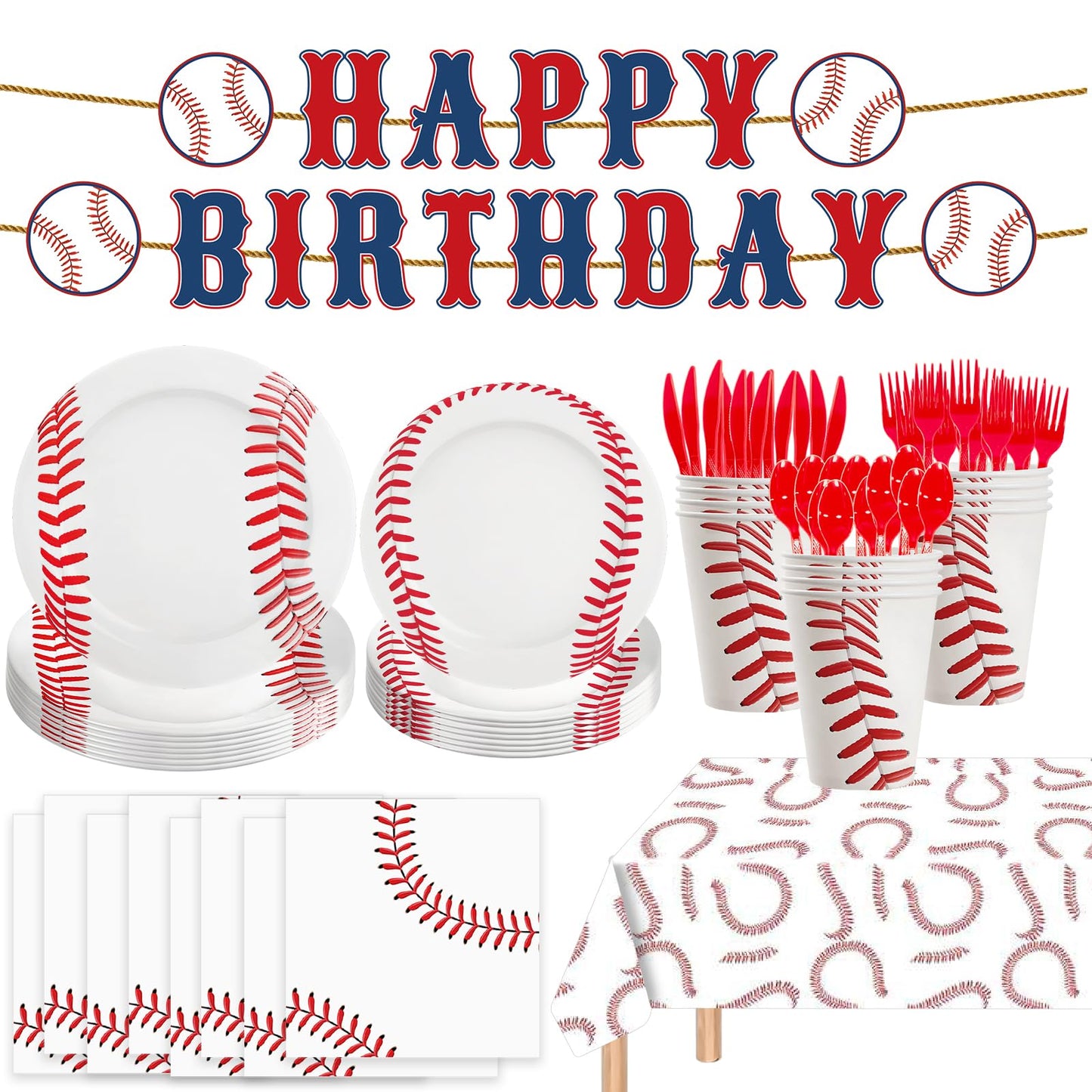 170 Pcs Baseball Paper Plates and Napkins Set, Baseball Themed Party Supplies Decorations With Banner Tablecloth Cup and Forks Favors For Sport Themed Birthday Party Favors Serves 24