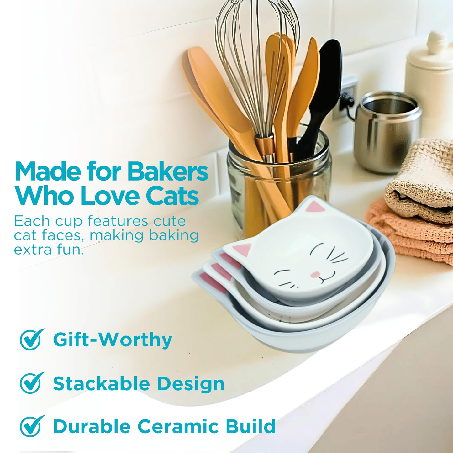 Cat Measuring Cups Set - Novelty Cat Kitchen Accessories & Baking Gifts - Unique Measuring Cups for Stackable & Cute Baking Supplies - Durable, Fun and Decorative Kitty Cup for Cooking (Set of 4)