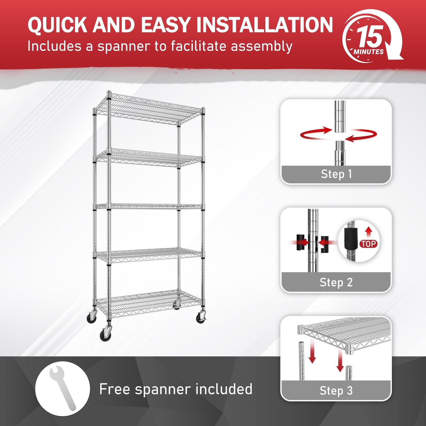 BlueWish 5-Tier Heavy Duty Steel Wire Shelving Unit with Wheels, Adjustable Storage Shelving Unit, 18" D x 36" W x 76" H NSF Certified Rolling Shelving for Kitchen Garage Basement Warehouse, Chrome