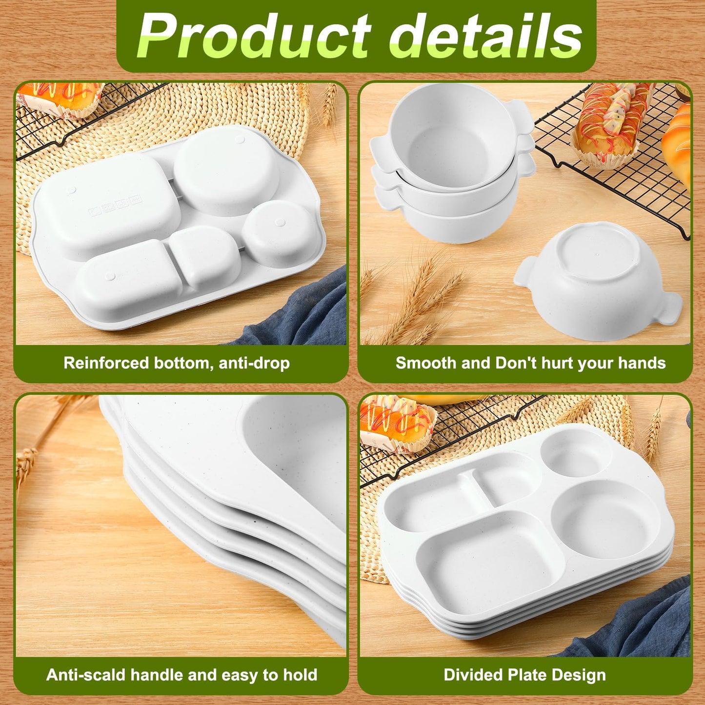 24 Pcs Wheat Straw Dinnerware Cutlery Set for Aldult Including Divided Plates Microwave Dishwasher Safe Bowl Unbreakable Tableware Straw Cutlery Spoon Knife Fork(White)